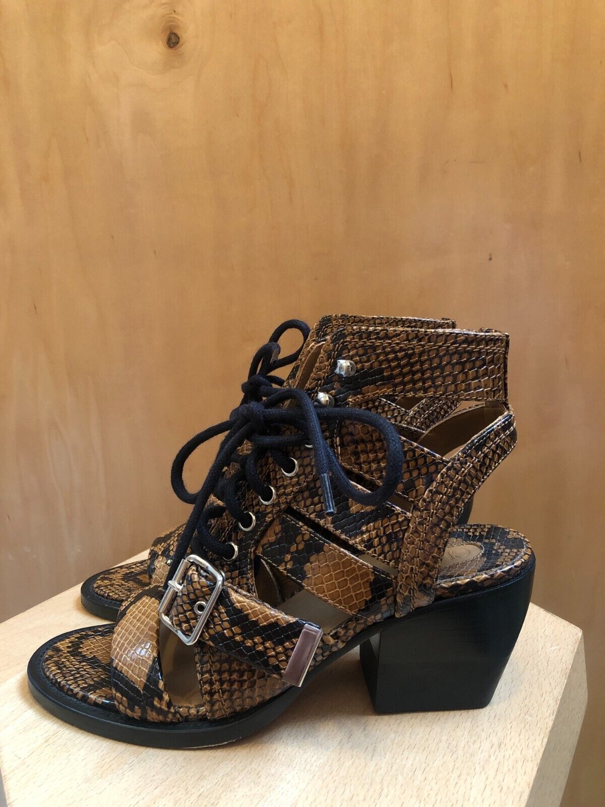 CHLOE Rylee Brown Snakeskin Print Leather Buckle Gladiator Sandal Heel 37.5/7.5