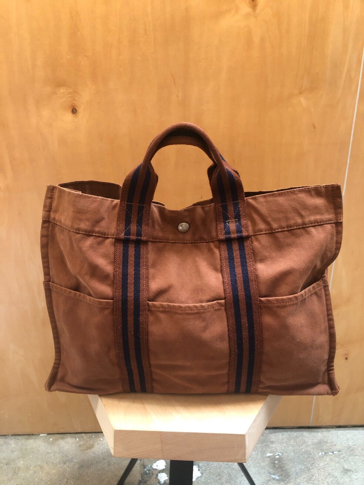HERMES Fourre Tout Mm Camel Brown Blue Stripe Canvas Tote Shoulder Bag Purse