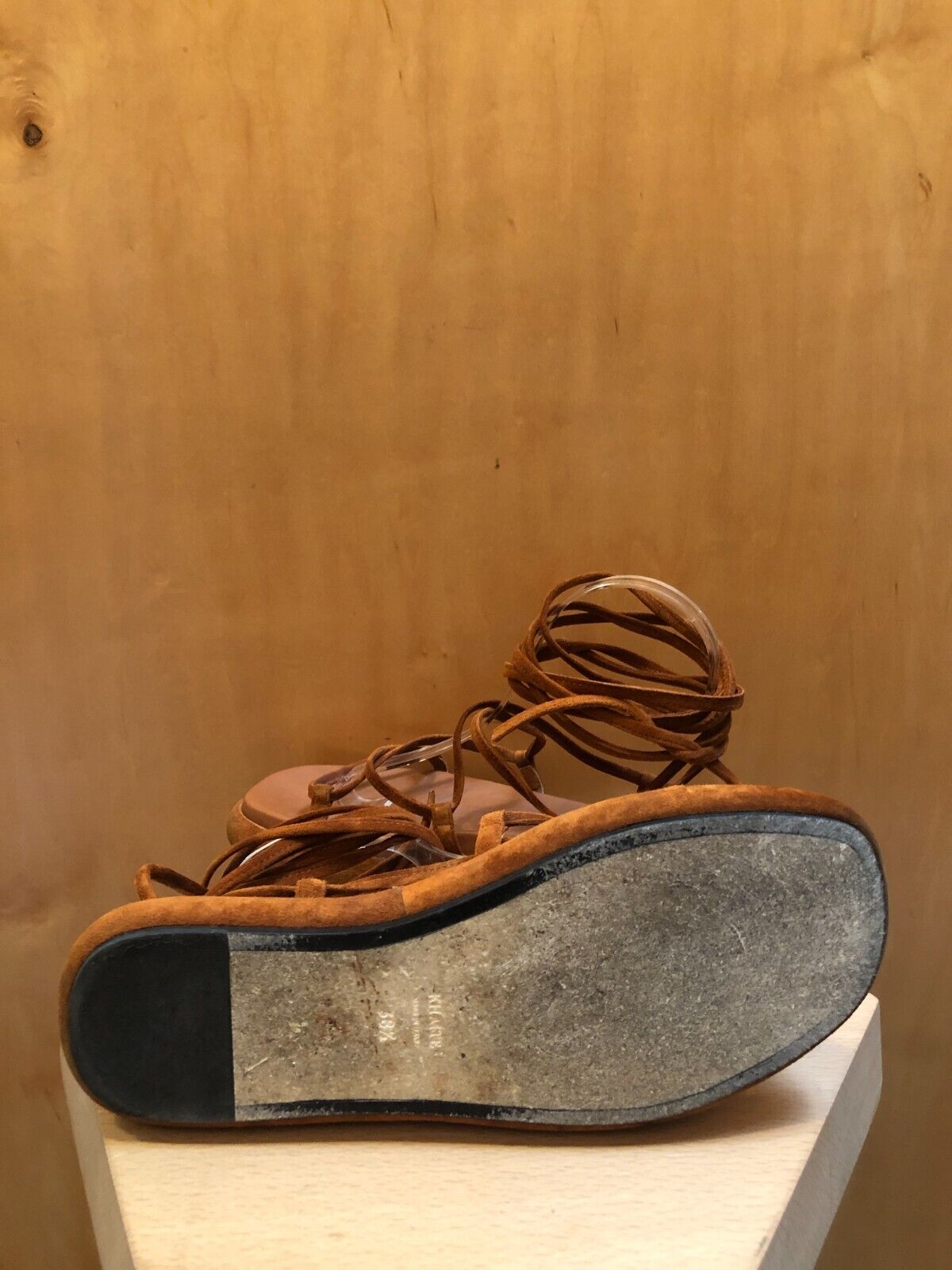 KHAITE Alba Brown Suede Leather Trimmed Strappy Tie Up Ankle Sandals 38.5