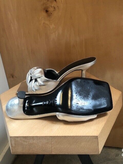 BY FAR Lana Silver Knot Heel Open Toe Leather Slide Sandal Heel Mule Shoe 38/8
