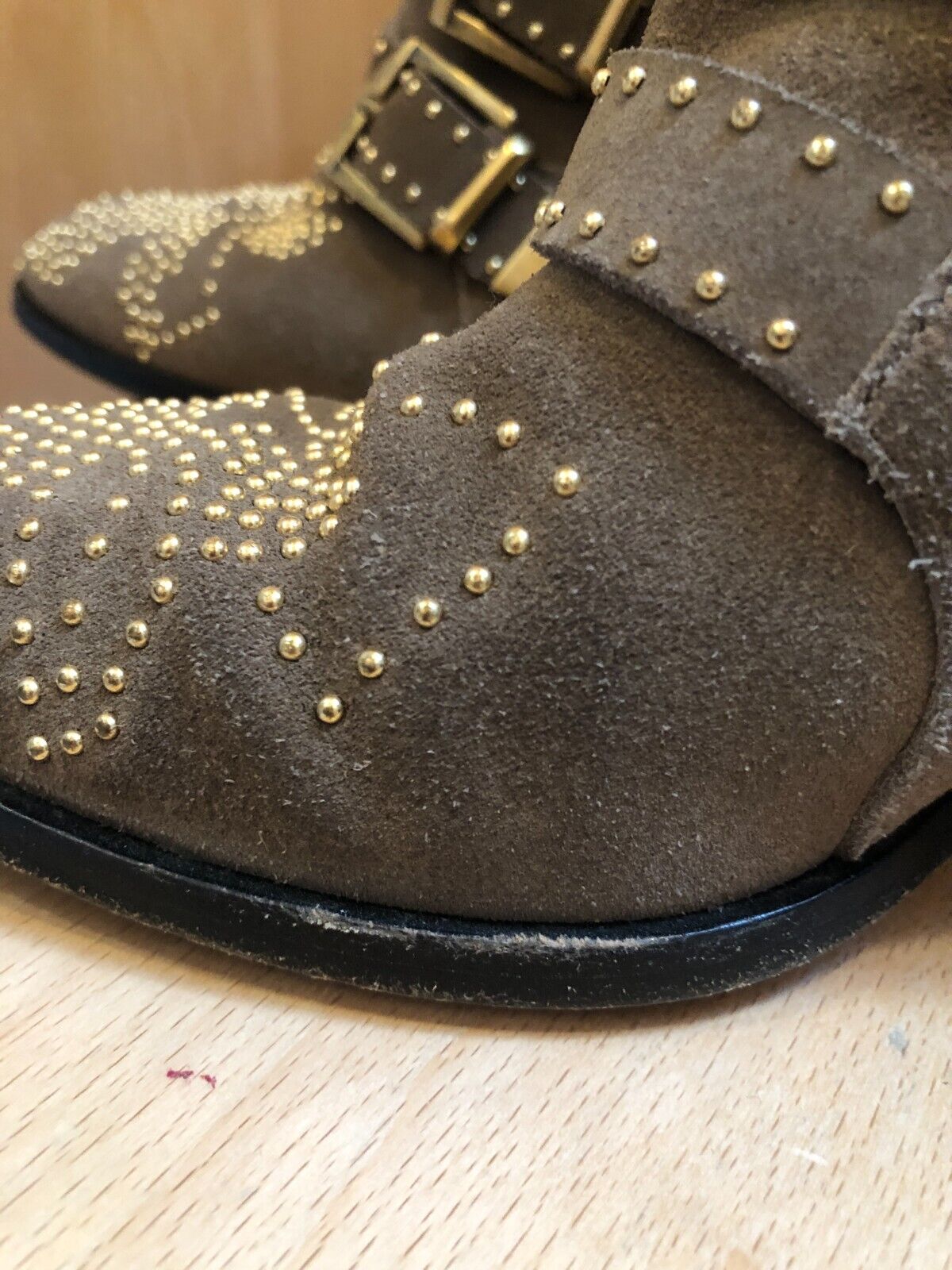CHLOE Susanna Brown Beige Taupe Gold Studded Suede Multi Buckle Ankle Boot 35