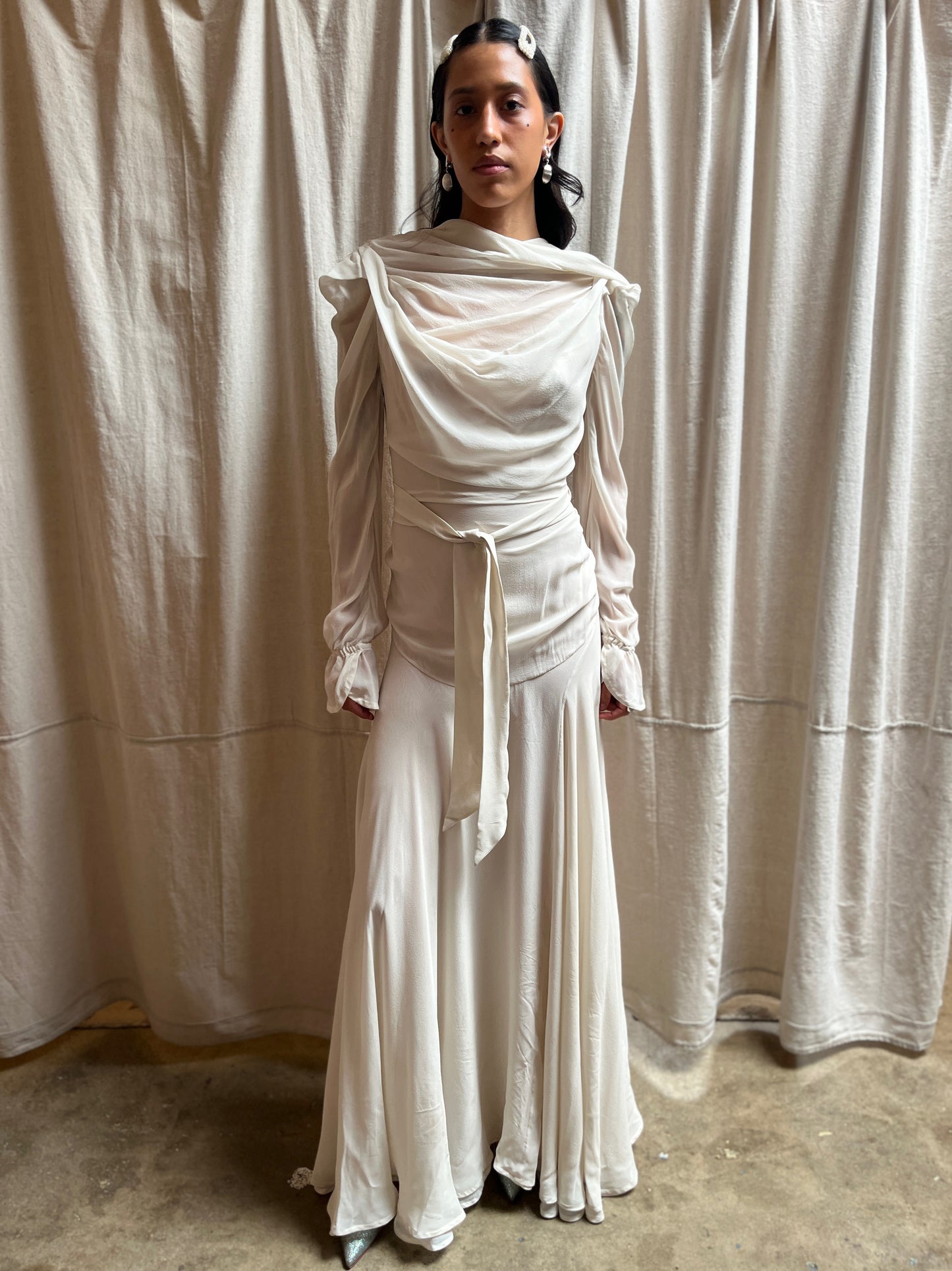 IVORY SILK DRAPED GOWN