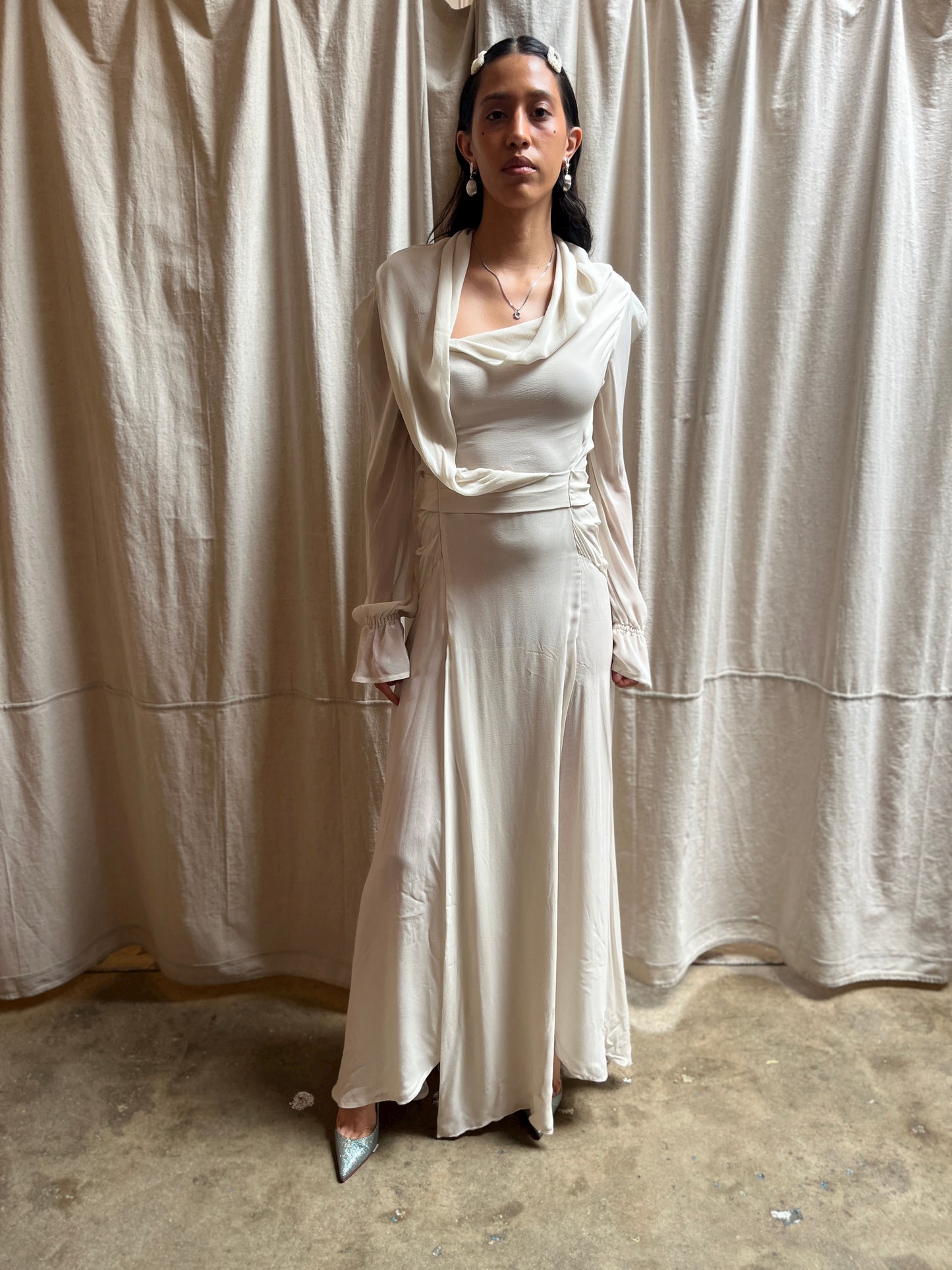 IVORY SILK DRAPED GOWN