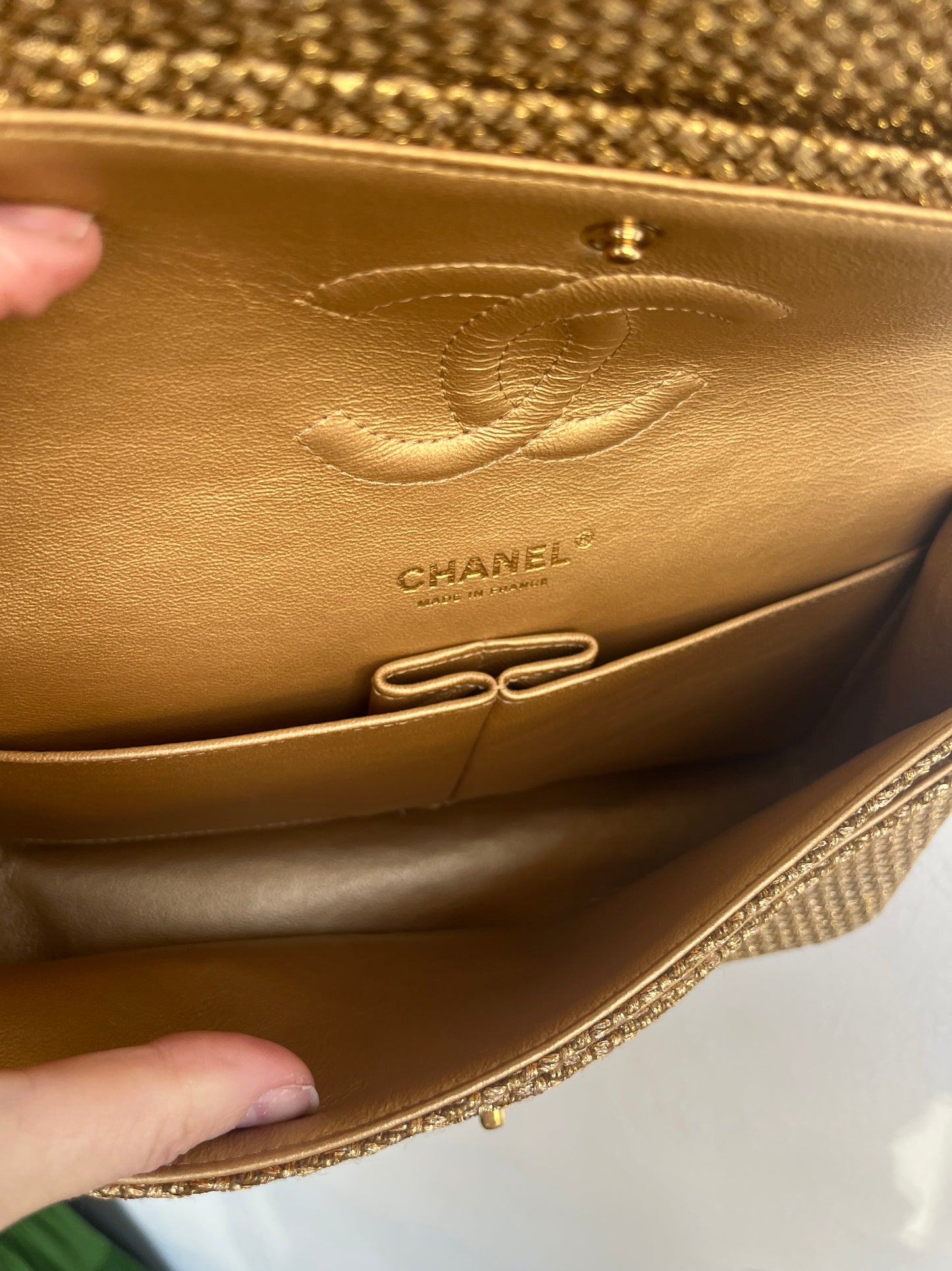GOLD EMBELLISHED RAFFIA DOUBLE FLAP BAG