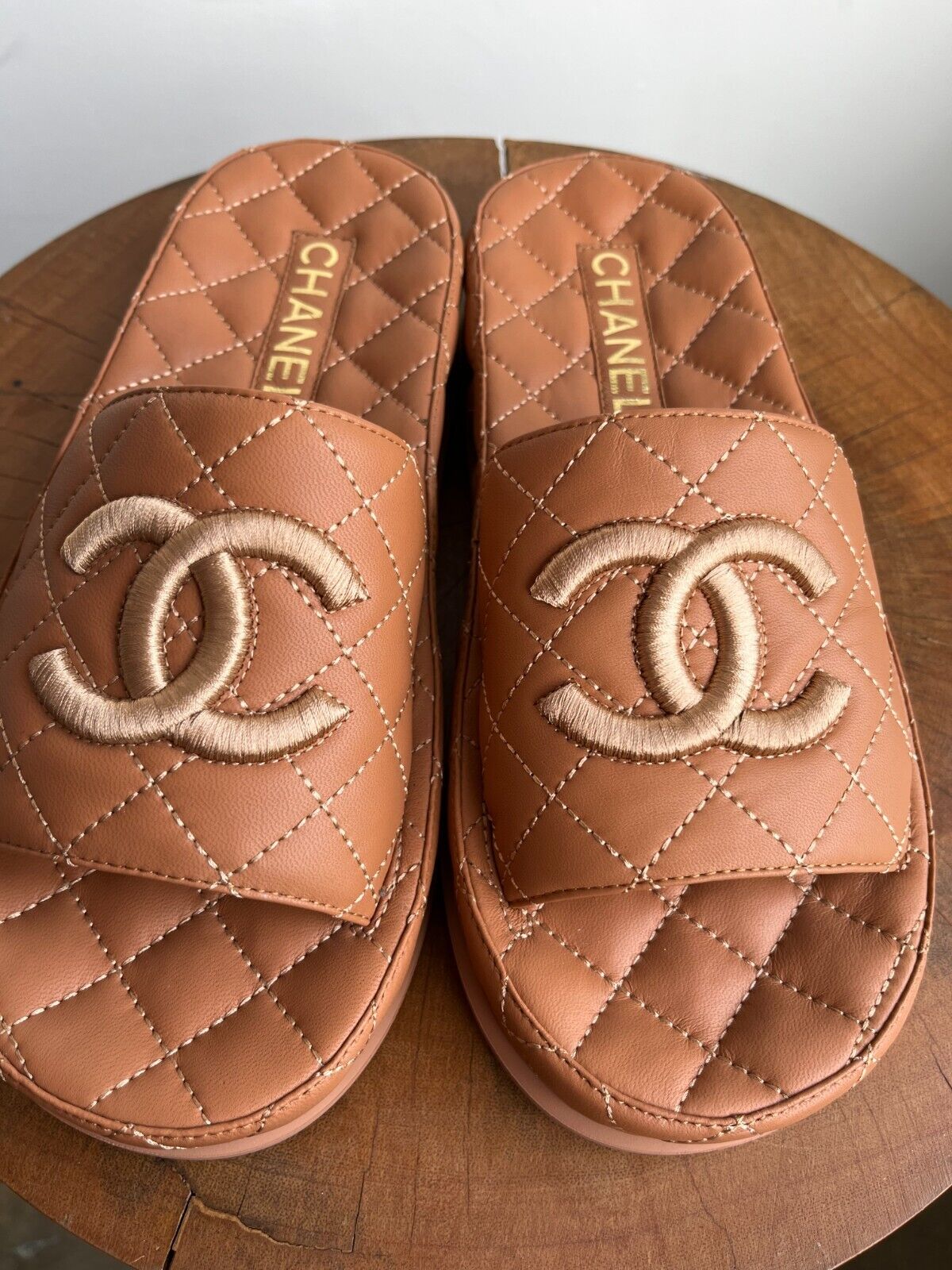 2021 TAN QUILTED CC PLATFORM SANDAL