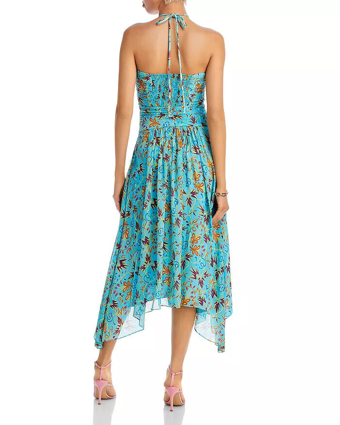 A.L.C. Violet Blue Teal Silk Printed Halter Sleeveless Asymmetric Midi Dress 0