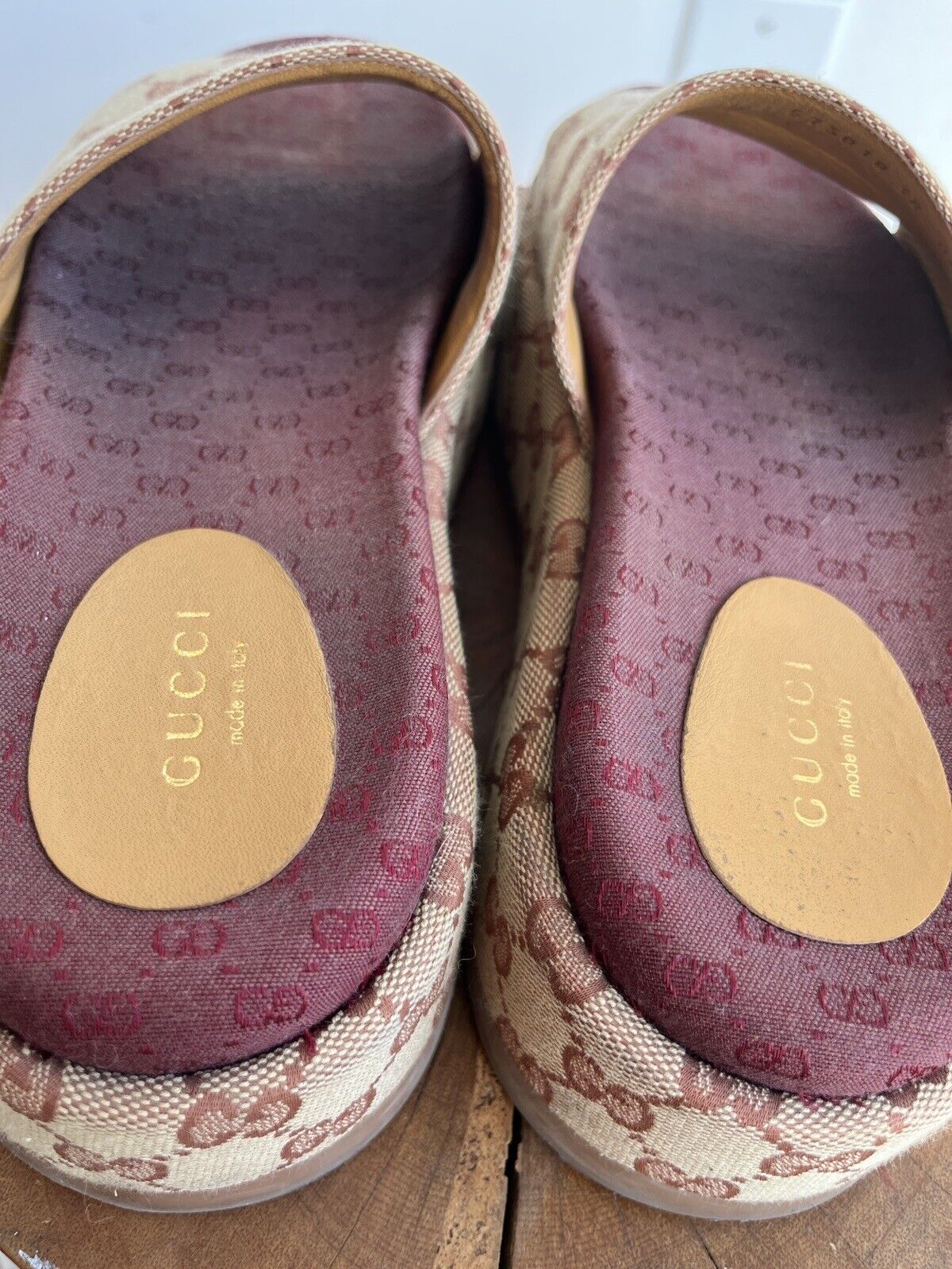 GUCCI Angelina Beige Red Maroon Canvas Monogram Platform Slide Sandal Shoe 38