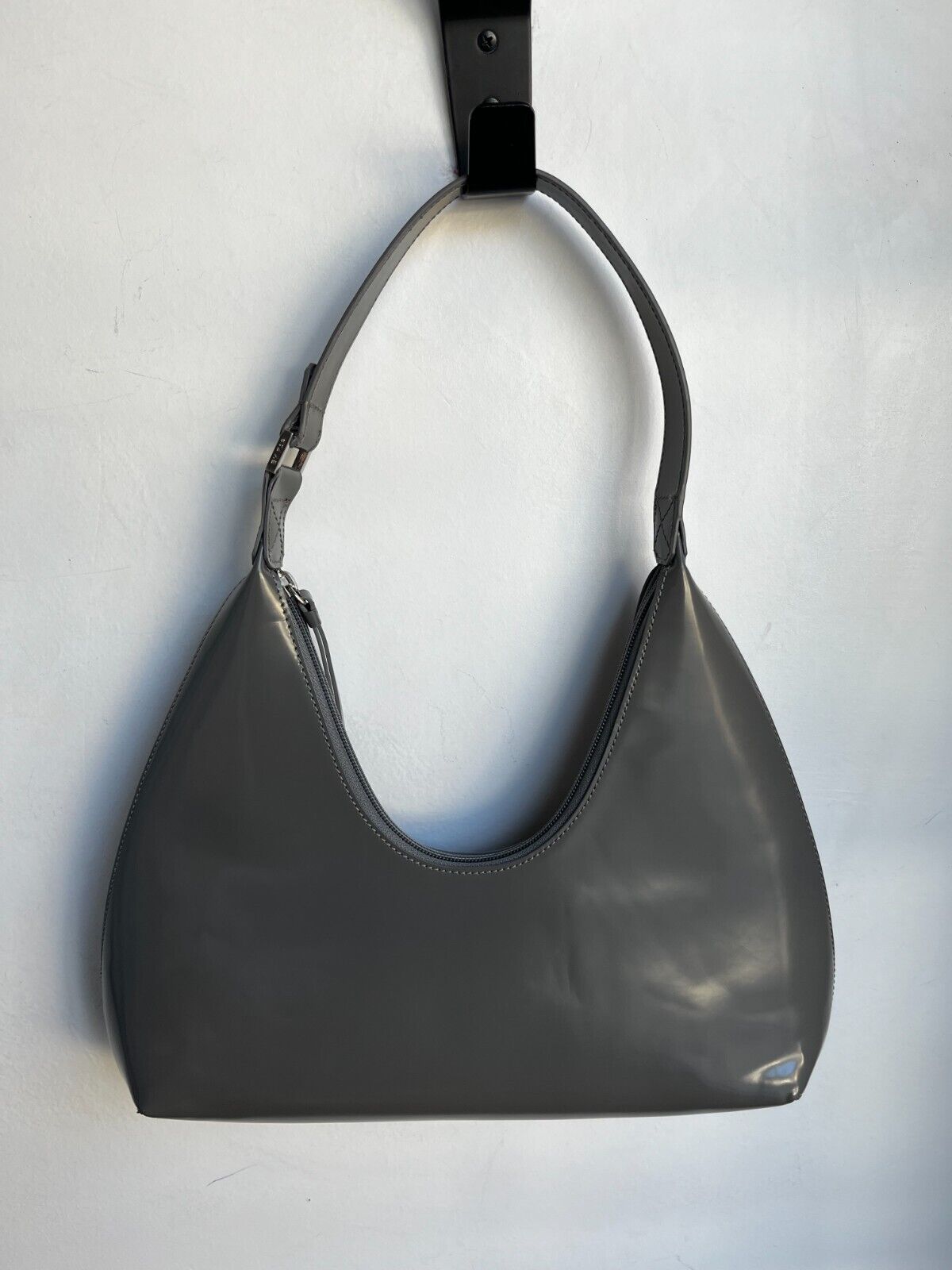BY FAR Amber Grey Patent Leather Small Zip Hobo Shoulder Bag Purse