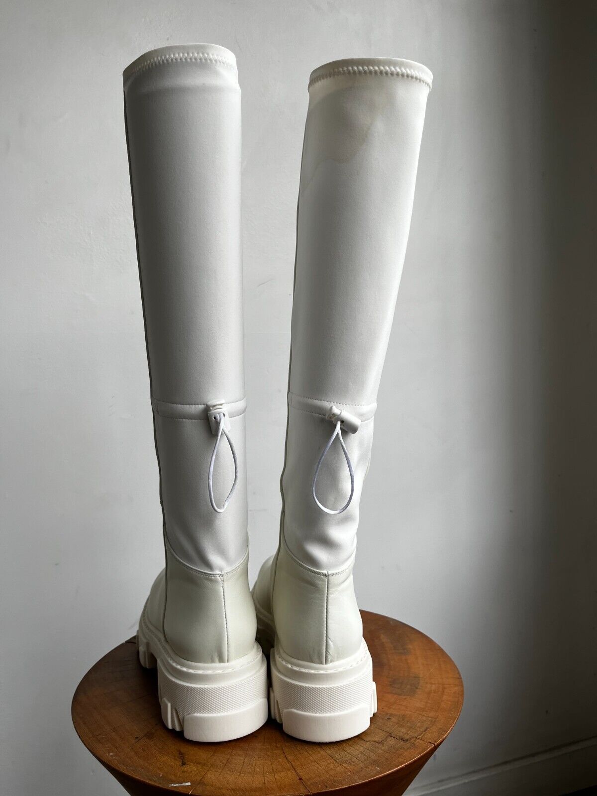 GIA BORGHINI Gia 12 White Ivory Leather Fabric Knee Thigh High Platform Boots 38