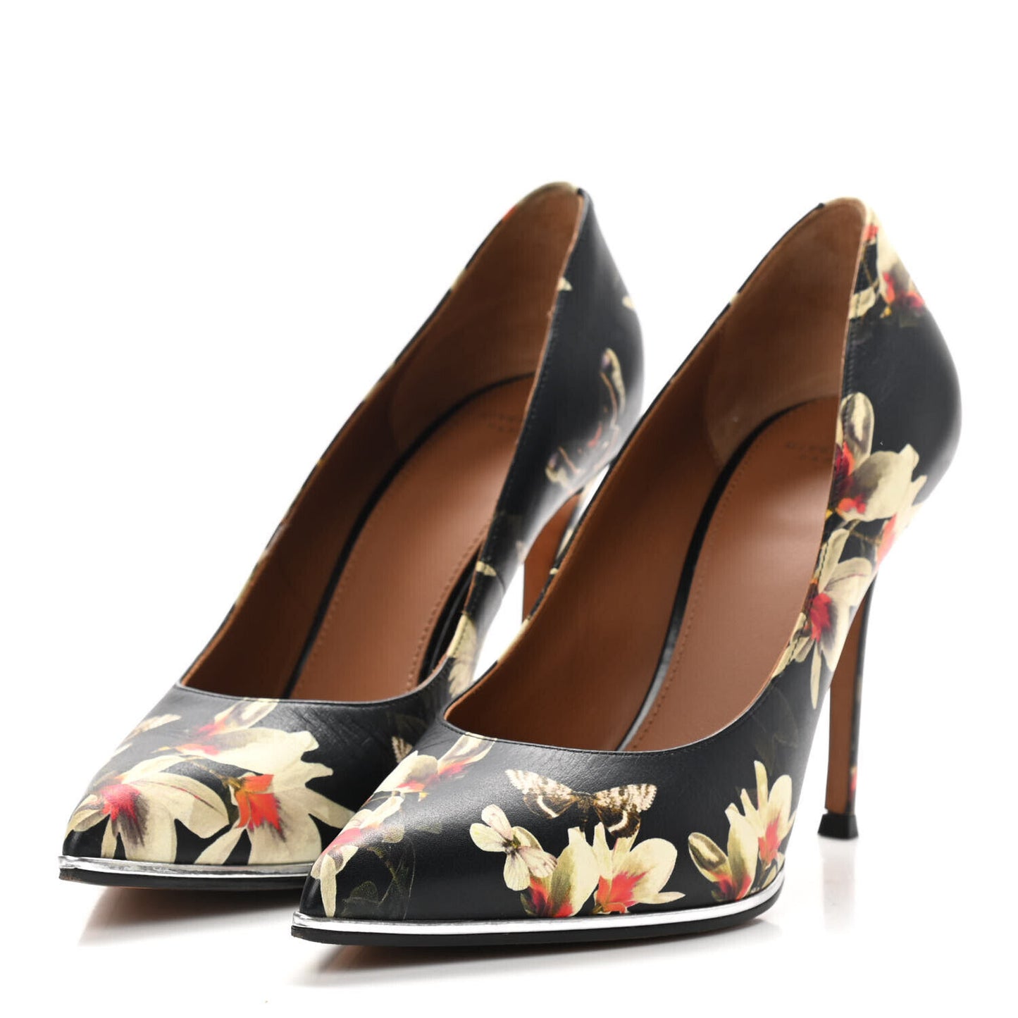 GIVENCHY Black Multi Floral Print Leather Pointed Metal Cap Toe Stiletto Pump 38