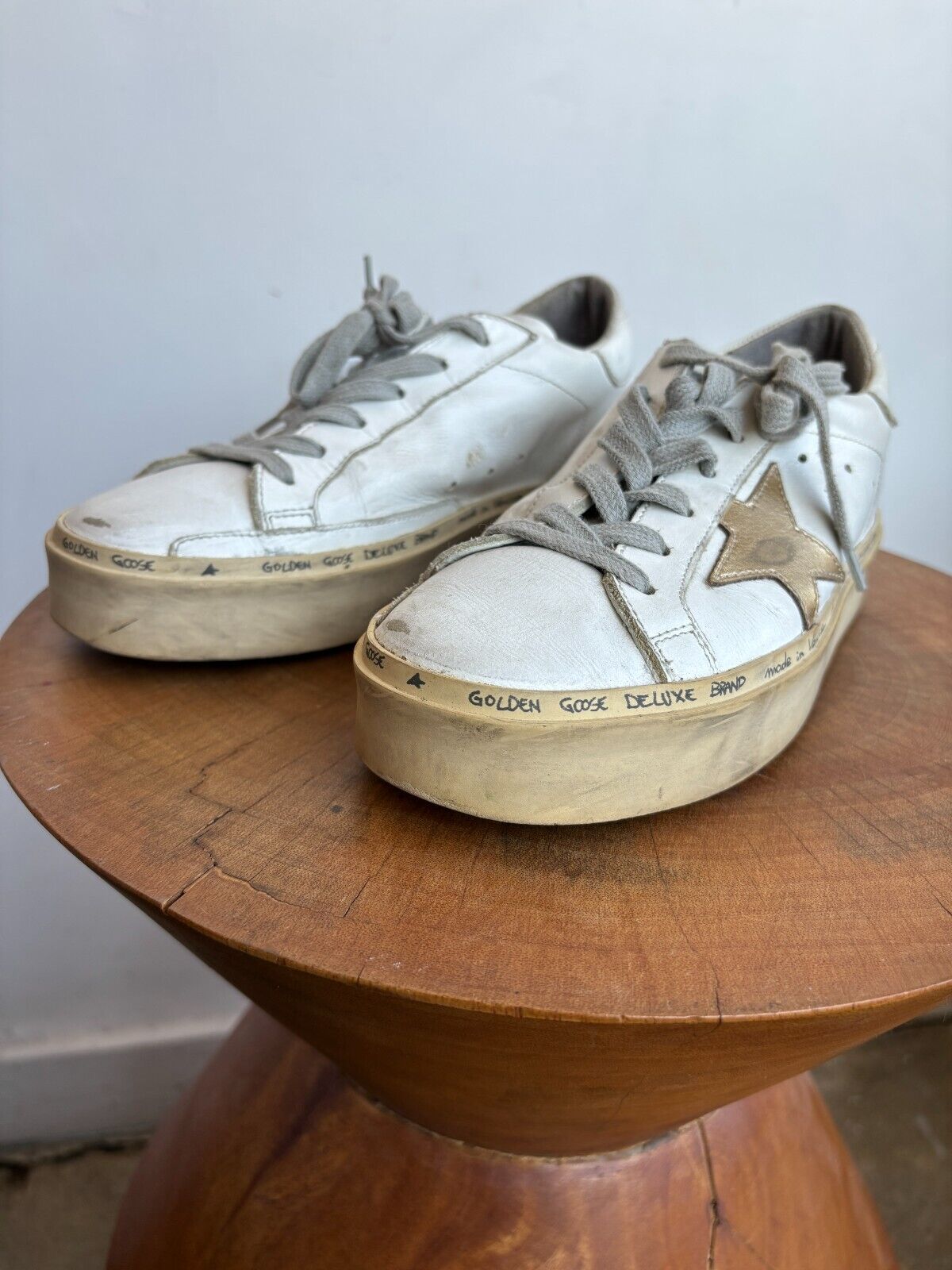 GOLDEN GOOSE Hi Star White Gold Leather Flatform Platform Low Top Sneaker 36
