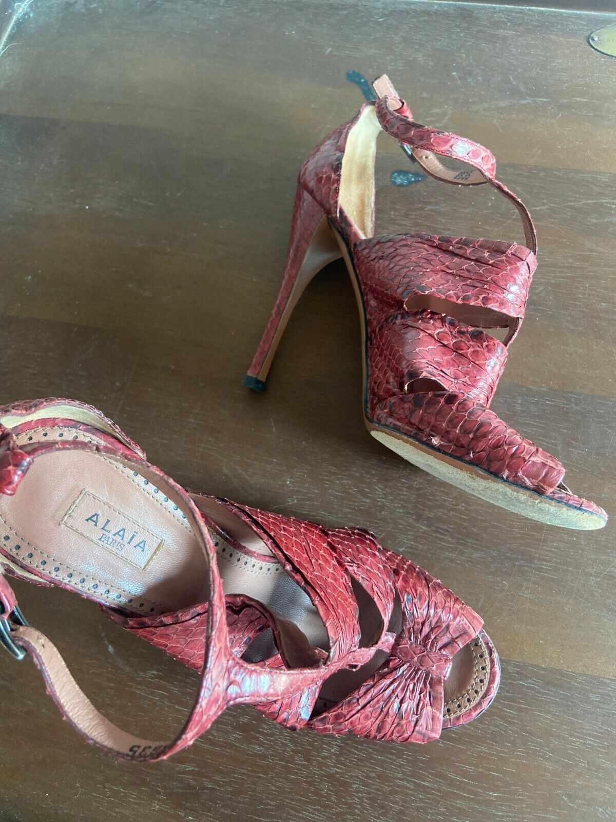 ALAIA Cerise Red Snakeskin Animal Print TStrap Strappy Sandal Heel 6.5/7/37
