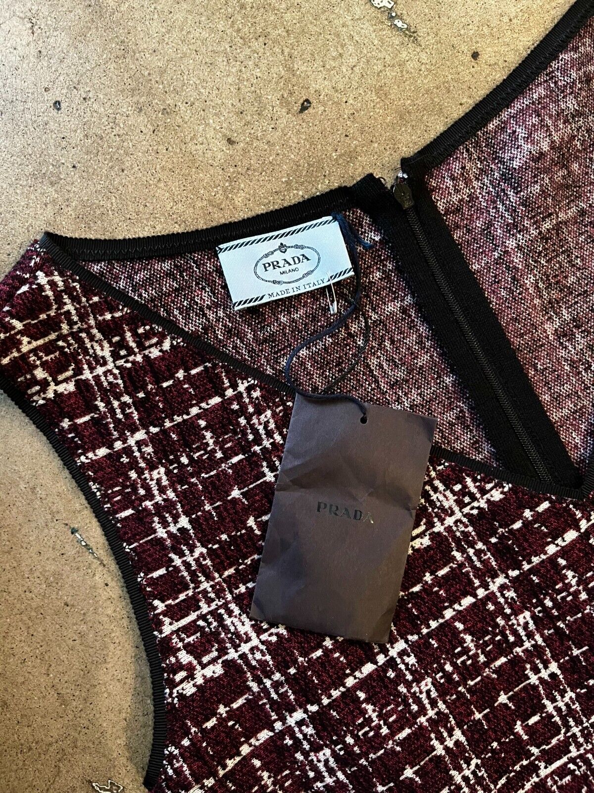 PRADA NWT Burgundy Maroon Red Purple Black Plaid Print Tweed Knit Dress 40/4