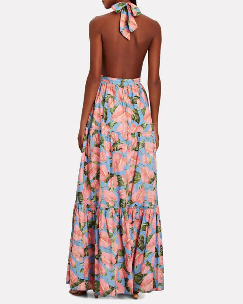 AGUA BY AGUA BENDITA Naranja Anturios Blue Pink Floral Print Halter Maxi Dress S