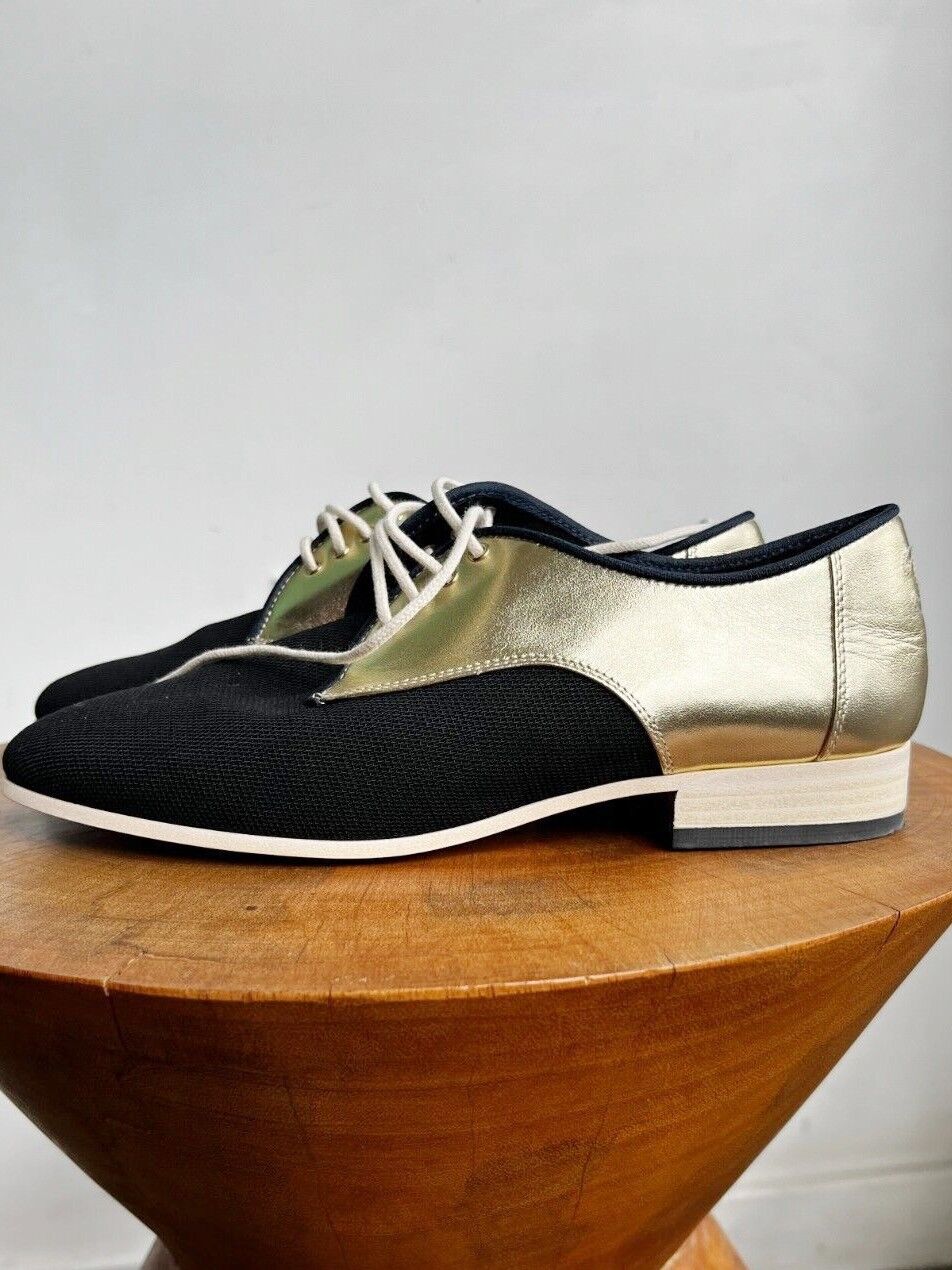 CHANEL Gold Patent Leather Black Mesh Canvas Lace Up Derby Oxford Loafer Flat 35