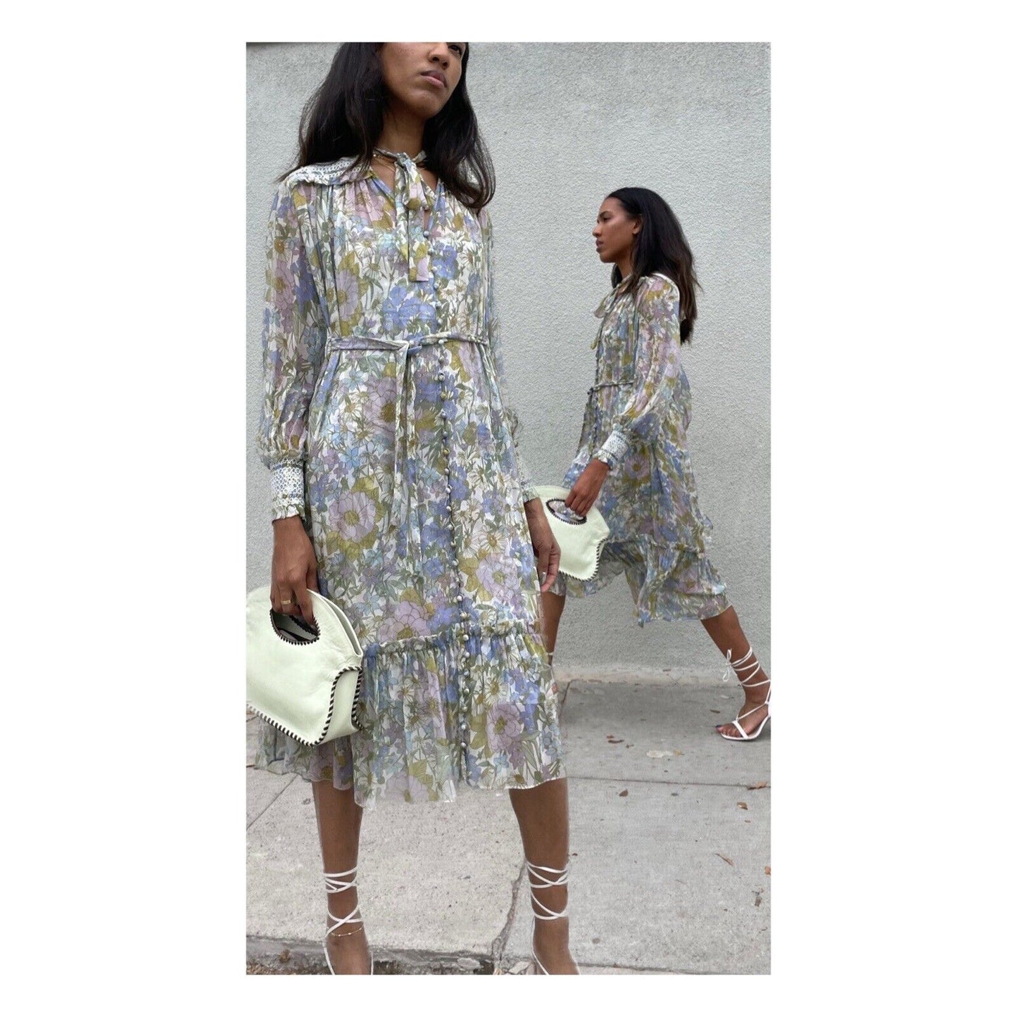 ZIMMERMANN NWT Super Eight Silk Floral Print Shirred Belted Bow Midi Dress 0/XS