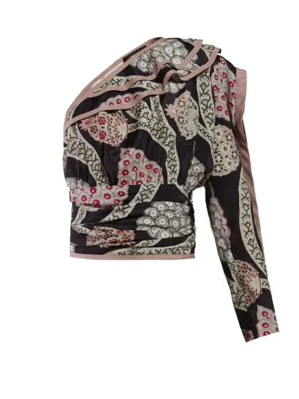 ISABEL MARANT SS19 Joren Black Pink Grey Floral Print One Shoulder Blouse 34/0/2