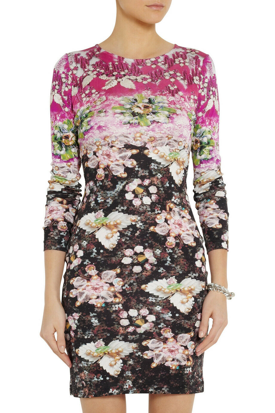 MARY KATRANTZOU NEW Fuschia Pink Black Floral Jewel Print Silk LS Mini Dress S