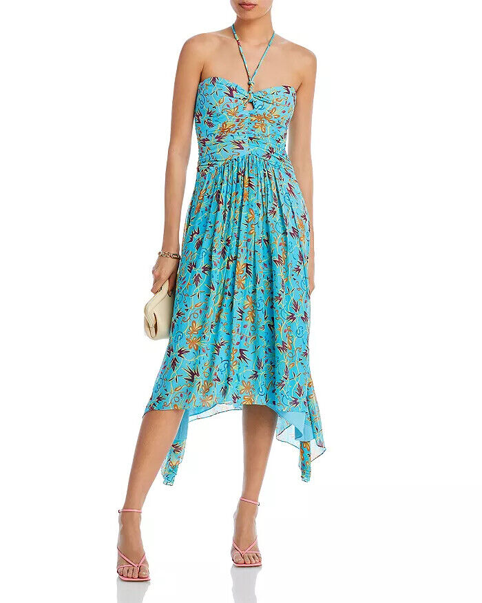 A.L.C. Violet Blue Teal Silk Printed Halter Sleeveless Asymmetric Midi Dress 0