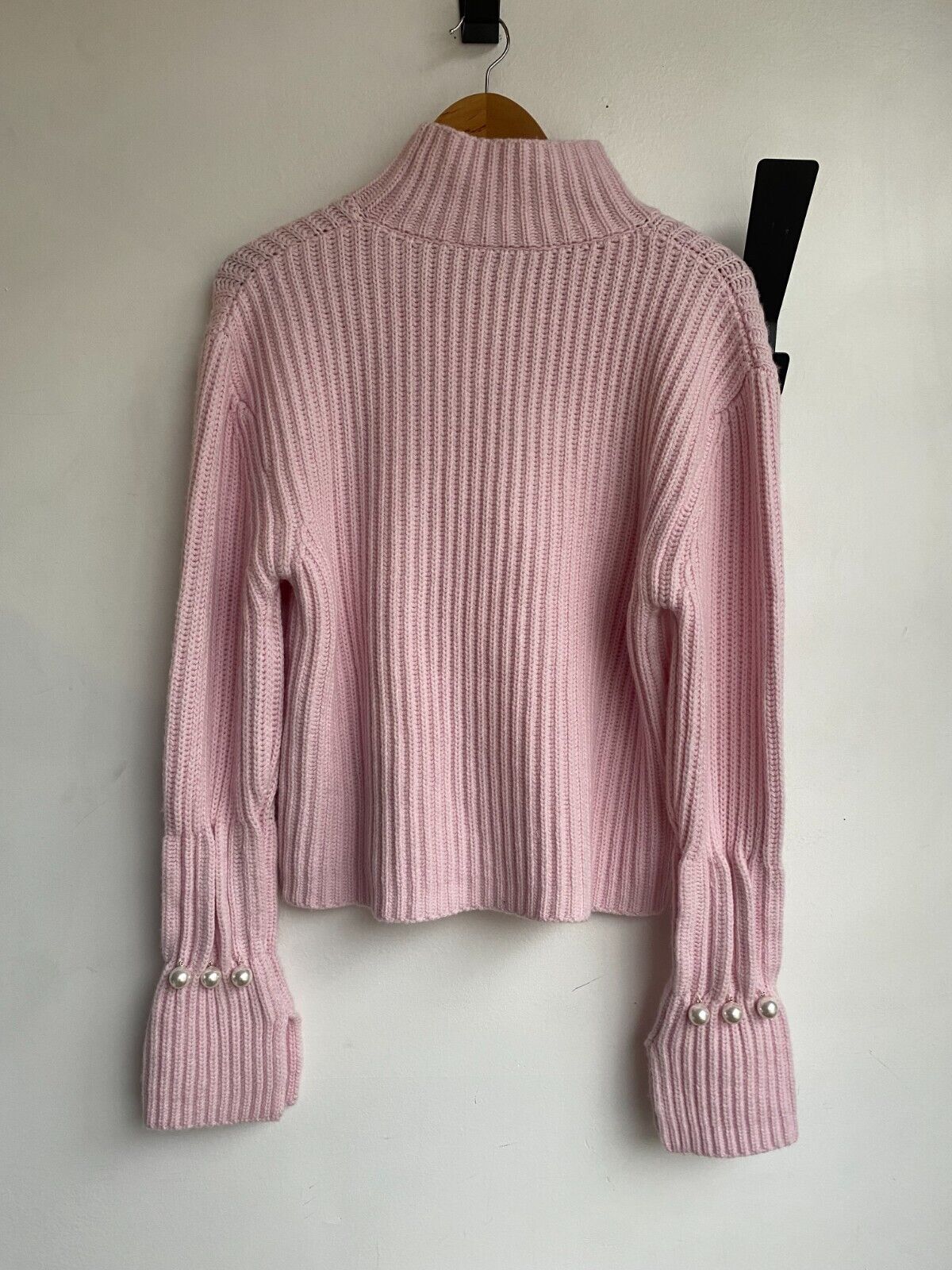 JW ANDERSON Light Pink Chunky Ribbed Knit Turtleneck Sweater Faux Pearls XS