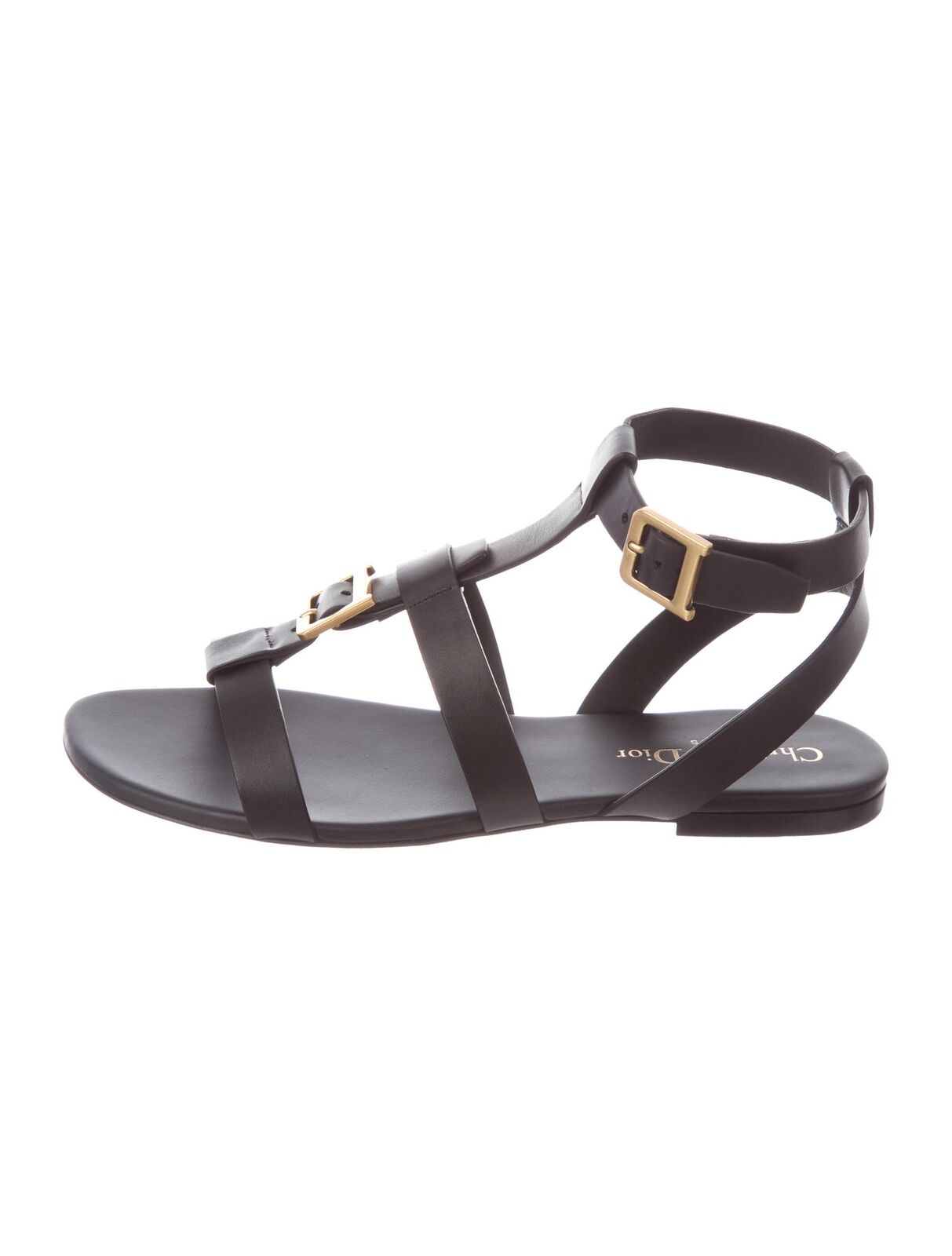 CHRISTIAN DIOR Double-D Black Leather Buckle Strappy Gladiator Flat Sandal 38/8
