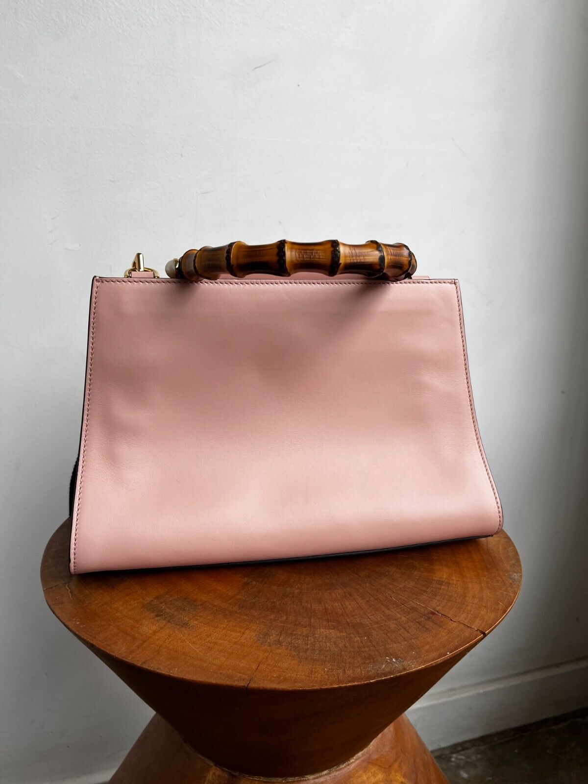GUCCI NEW Nymphaea Pink Leather Bamboo Handle Web Stripe Shoulder Bag Purse