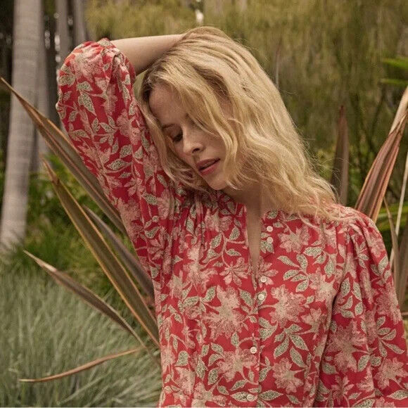 DOEN Edessa Red White Floral Jardin Majorelle Print Long Sleeve Midi Dress L