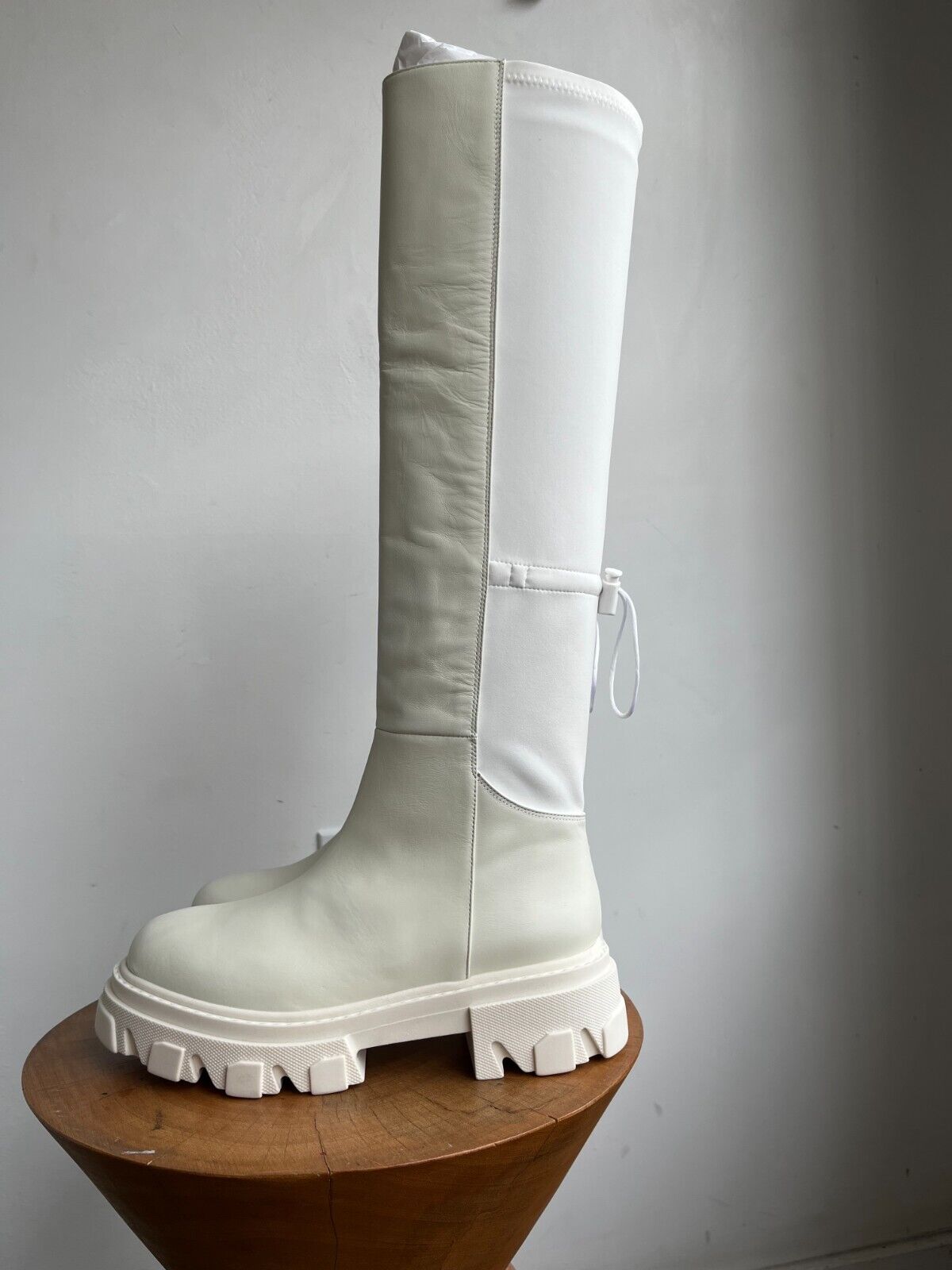 GIA BORGHINI Gia 12 White Ivory Leather Fabric Knee Thigh High Platform Boots 38