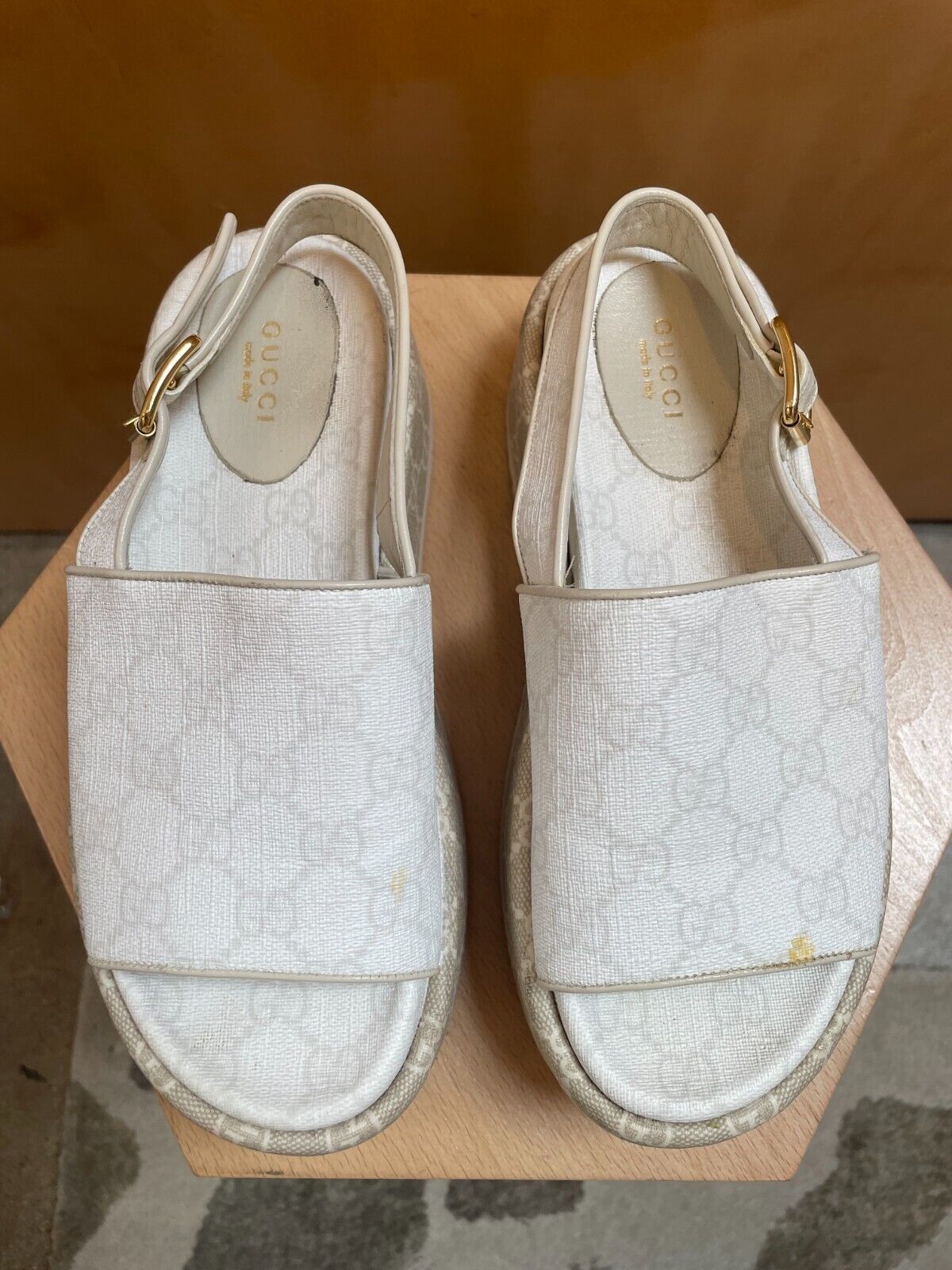 GUCCI Angelina White Beige GG Supreme Monogram Platform Slingback Sandal Shoe 36