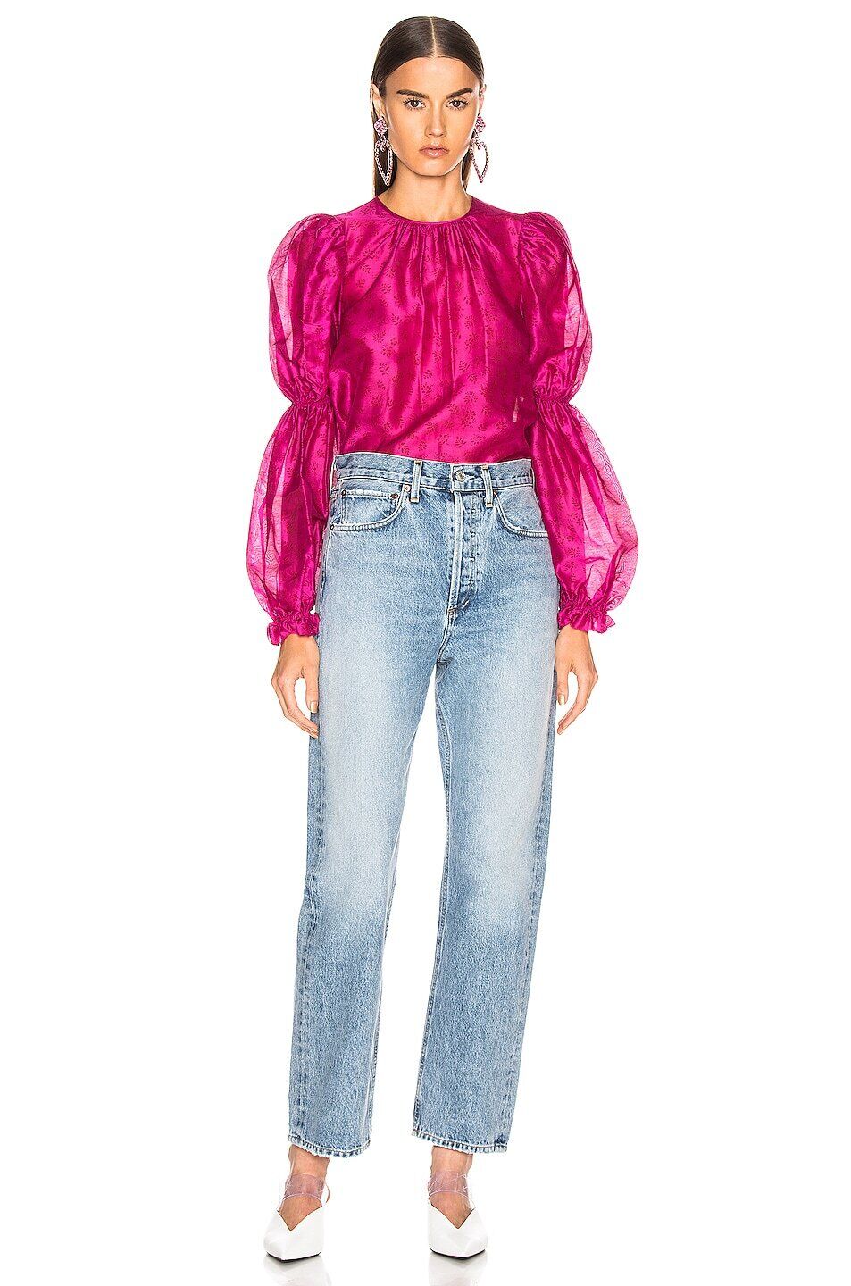 ULLA JOHNSON Aster Fuchsia Bright Pink Silk Floral Print Puff Slv Top Blouse 10