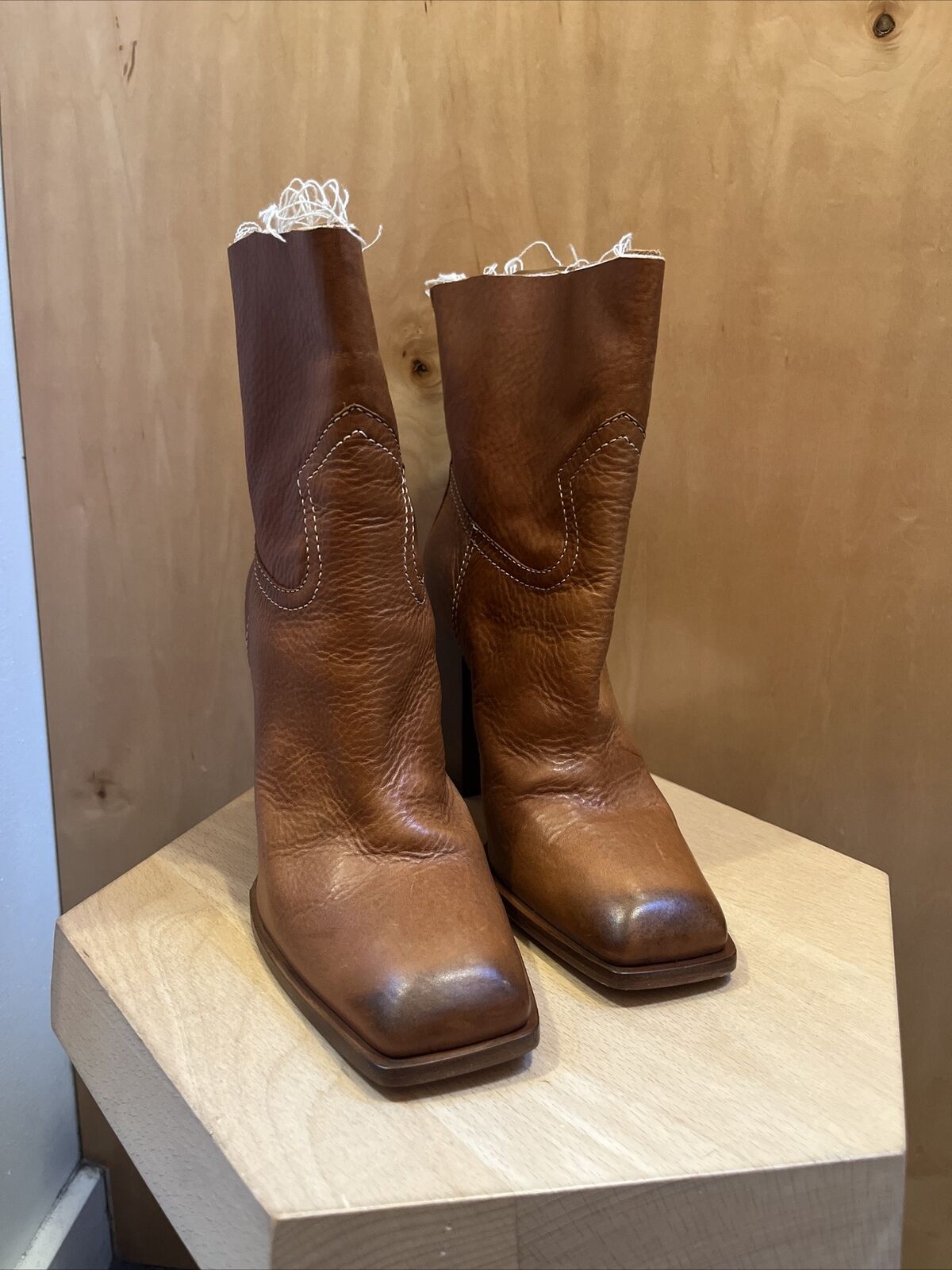SAINT LAURENT Jodie Tan Camel Raw Edge Cut Off Ankle Calf Heel Ankle Boot 37.5
