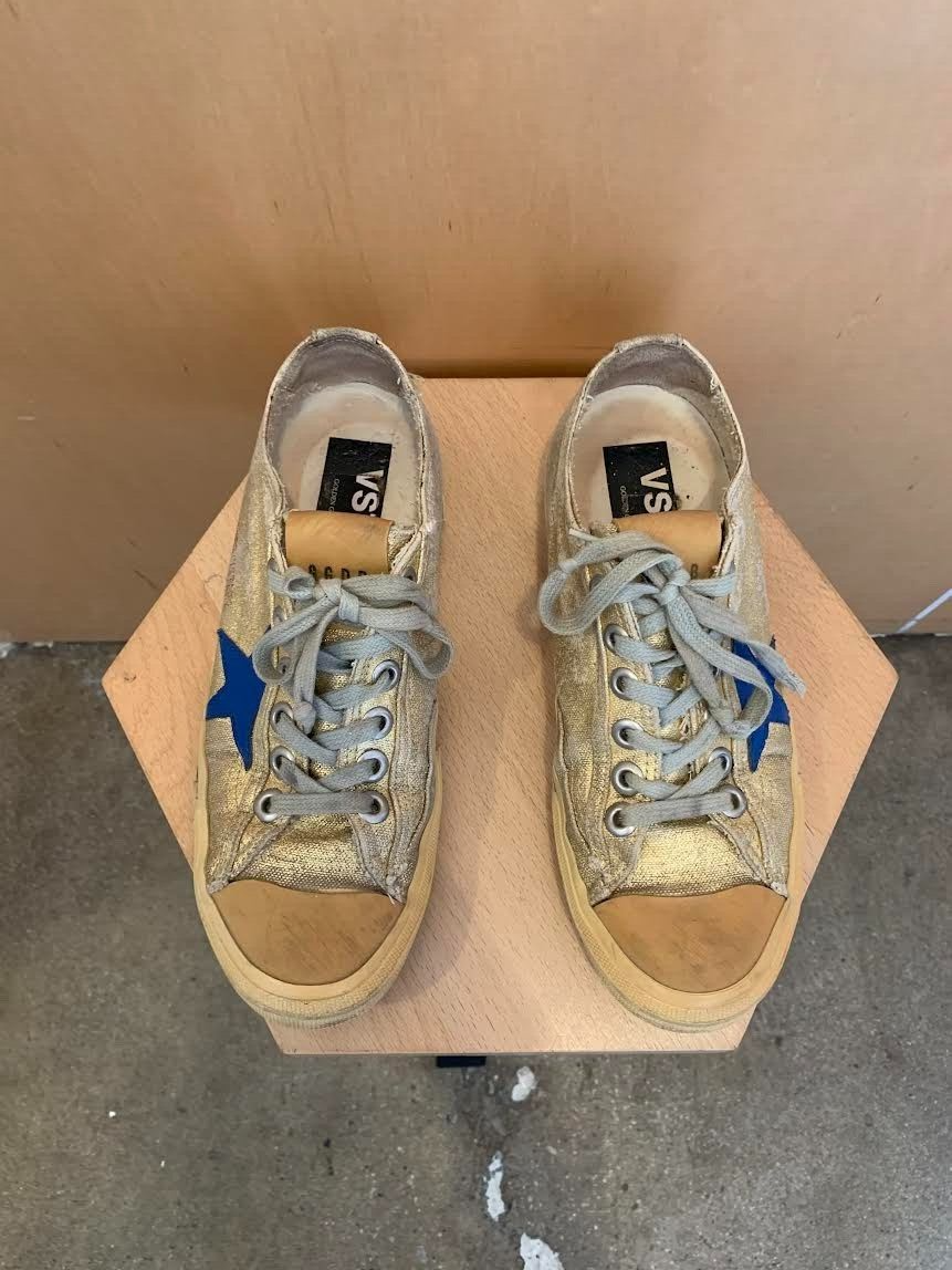 GOLDEN GOOSE V Star2 Gold Blue Metallic Leather Star Canvas Low Top Sneaker 37.5