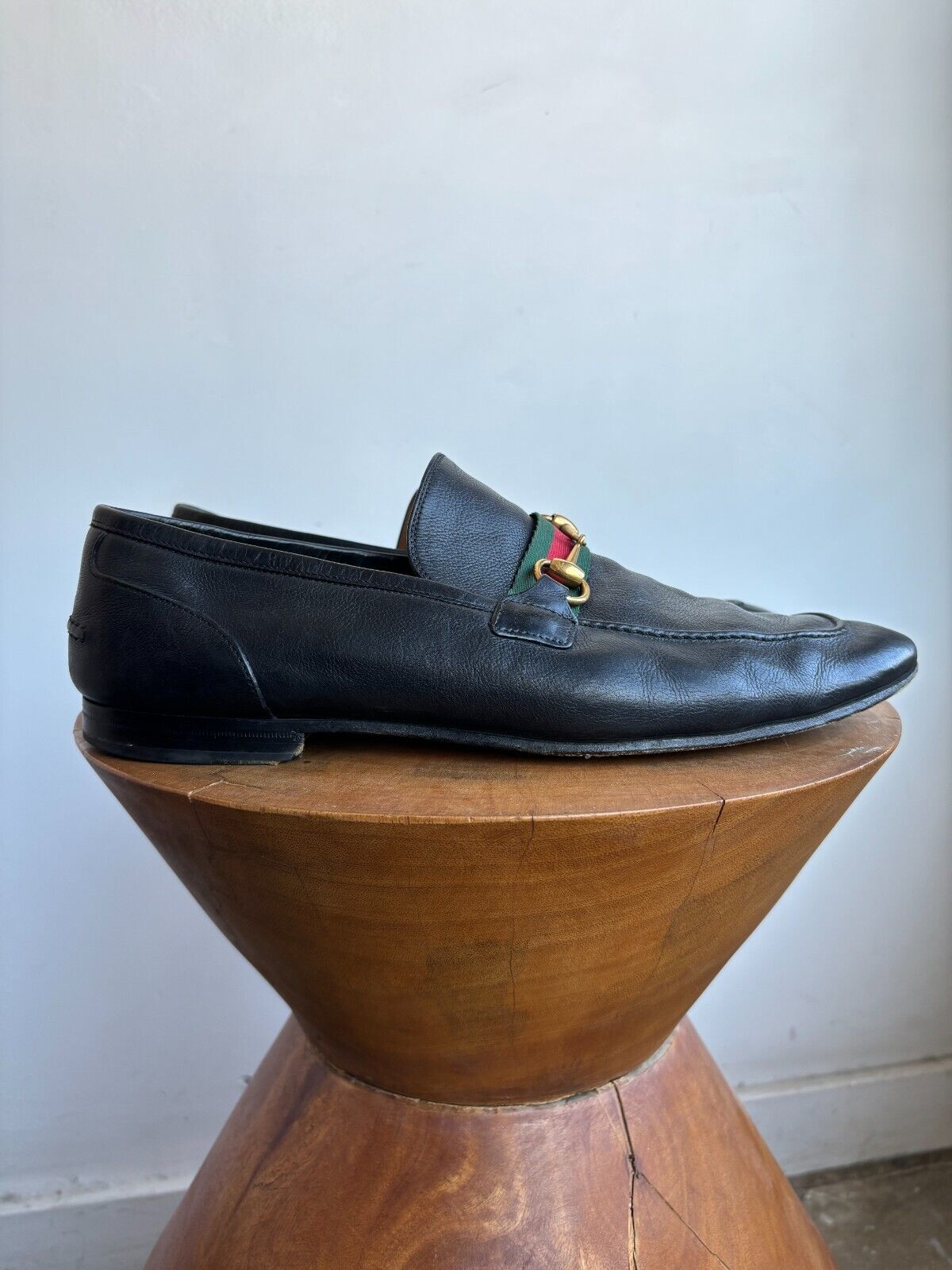 GUCCI Men's Paride Black Leather Web Stripe Horsebit Oxford Flat Loafer Shoe 12