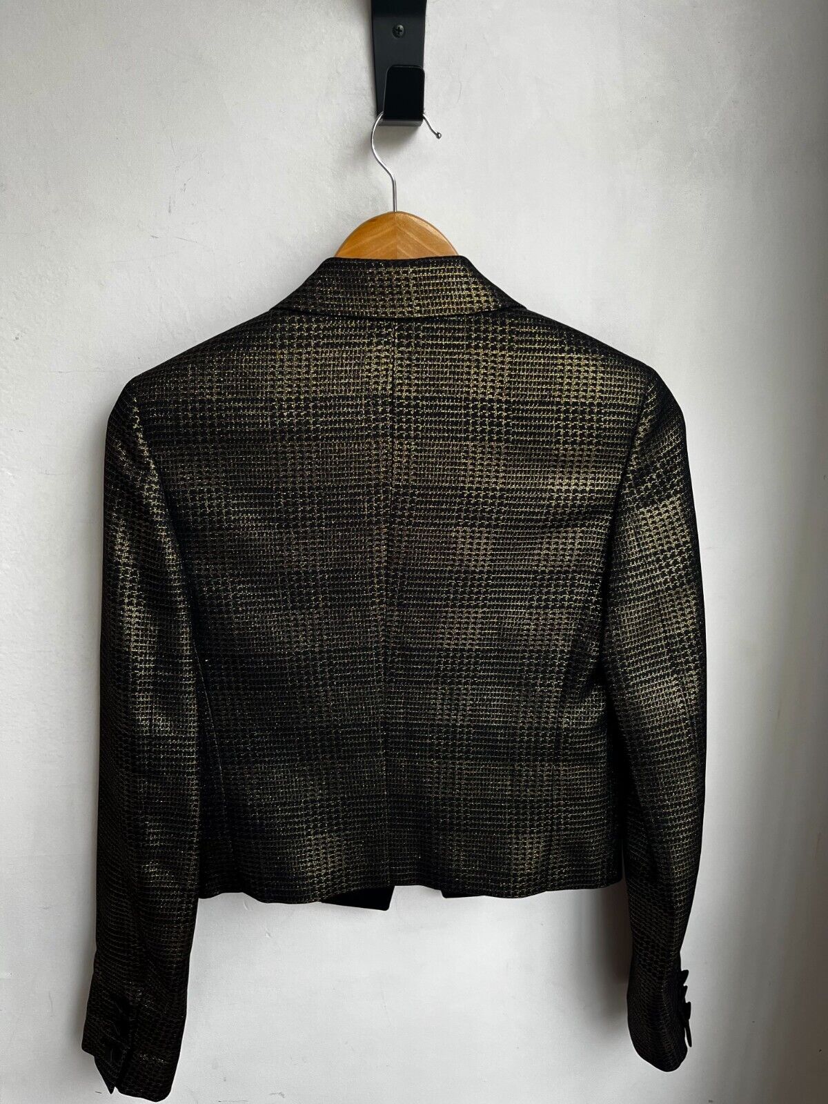 SAINT LAURENT YSL Black Gold Plaid Satin Peaked Lapel Cropped Blazer Jacket 34