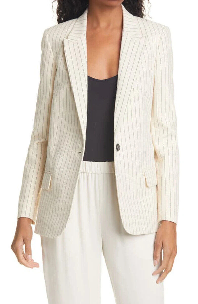 NILI LOTAN Don Cream Ivory Navy Pinstripe Print Single Breasted Jacket Blazer 0
