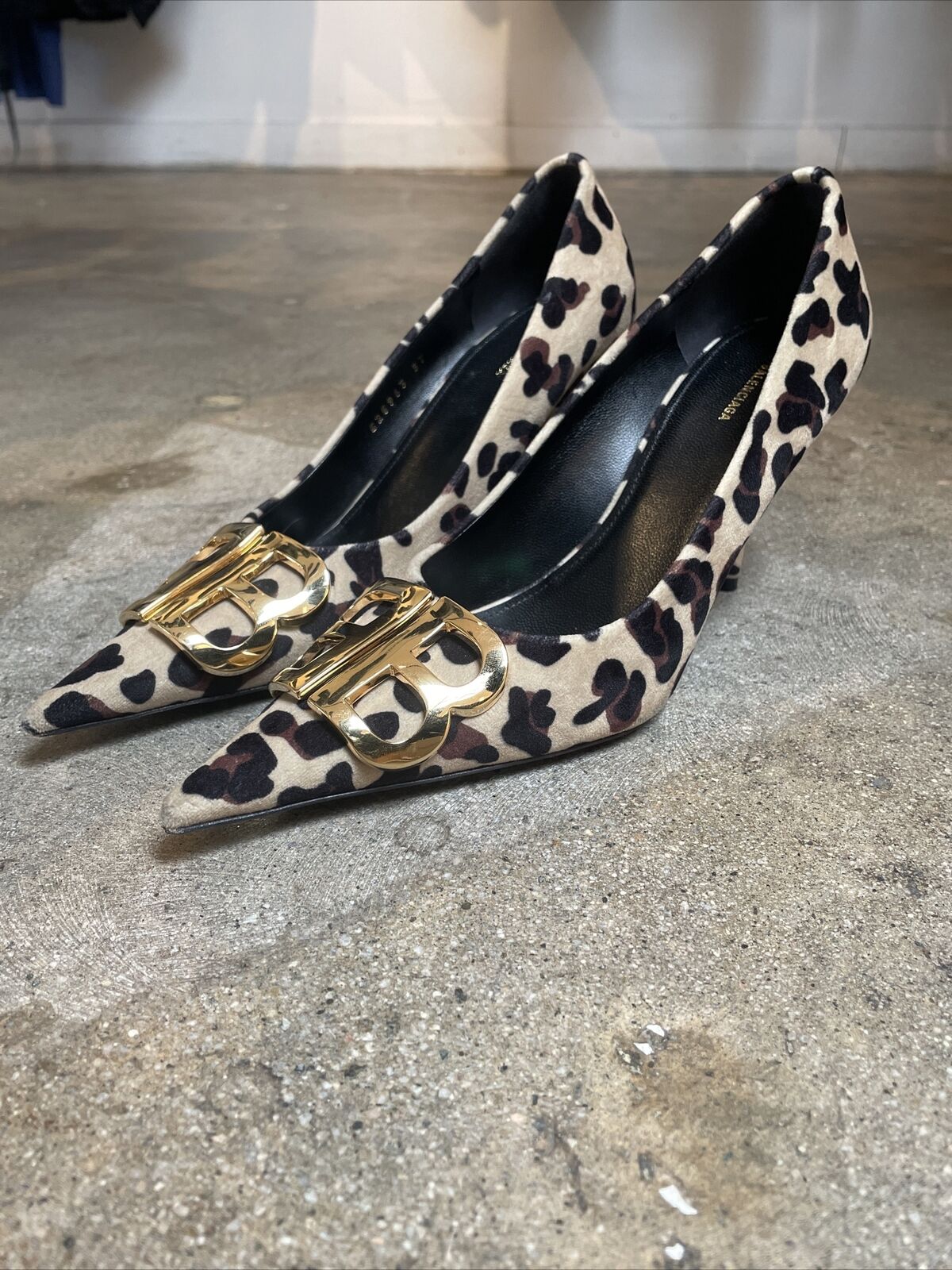 BALENCIAGA BB Scarpa Pelle Leopard Animal Print Suede Leather Kitten Heel 37/7