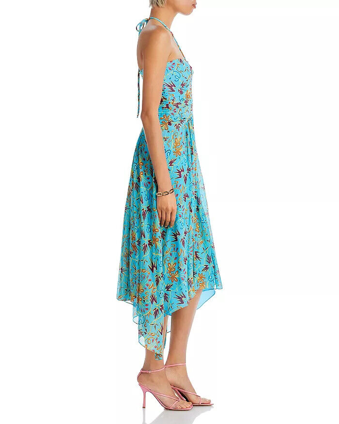 A.L.C. Violet Blue Teal Silk Printed Halter Sleeveless Asymmetric Midi Dress 0