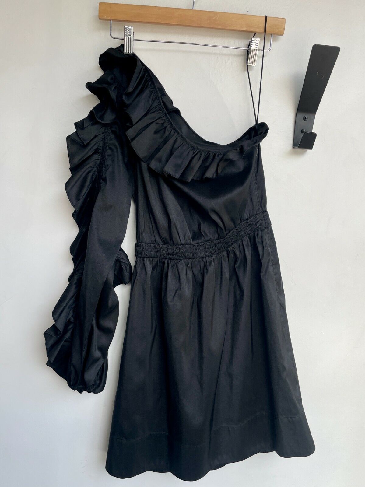 ULLA JOHNSON Black Falaise Ruffled One Shoulder Silk Satin Taffeta Mini Dress 2