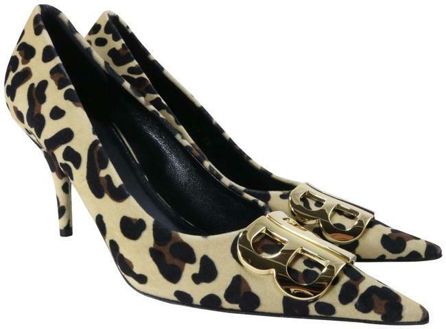 BALENCIAGA BB Scarpa Pelle Leopard Animal Print Suede Leather Kitten Heel 37/7
