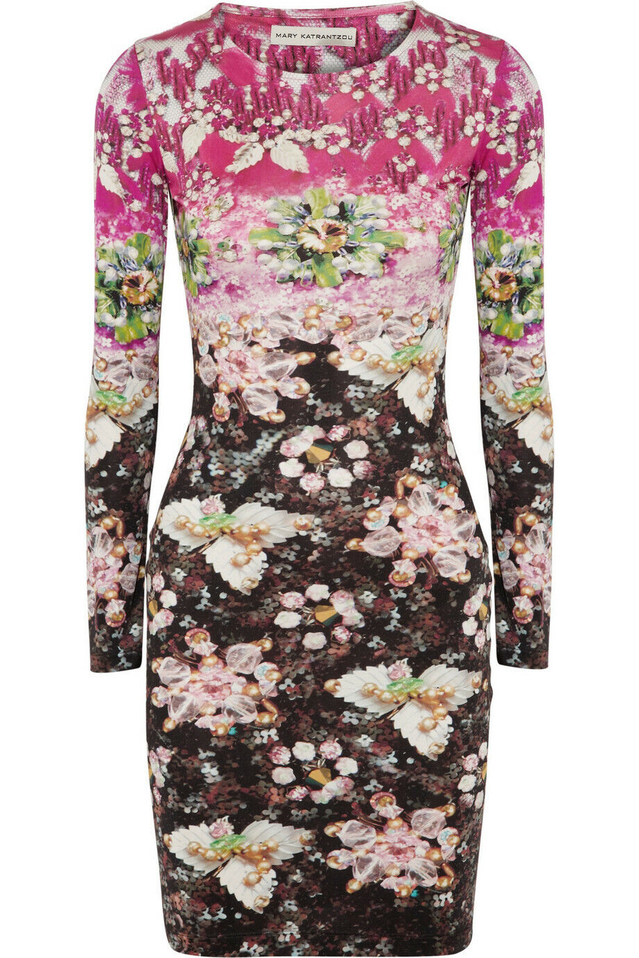 MARY KATRANTZOU NEW Fuschia Pink Black Floral Jewel Print Silk LS Mini Dress S