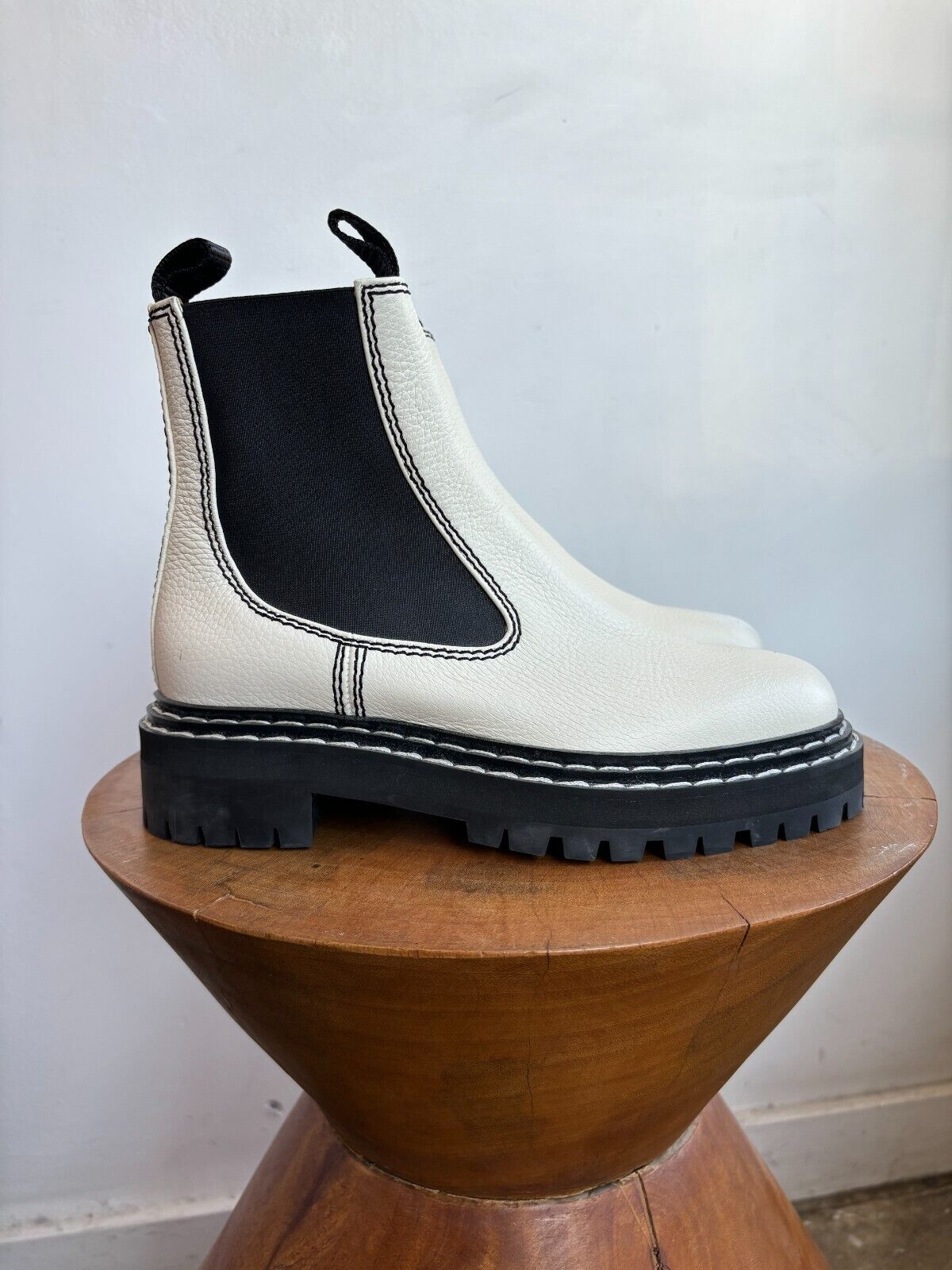 PROENZA SCHOULER White Black Stitch Leather Lug Sole Chelsea Ankle Boot 37.5