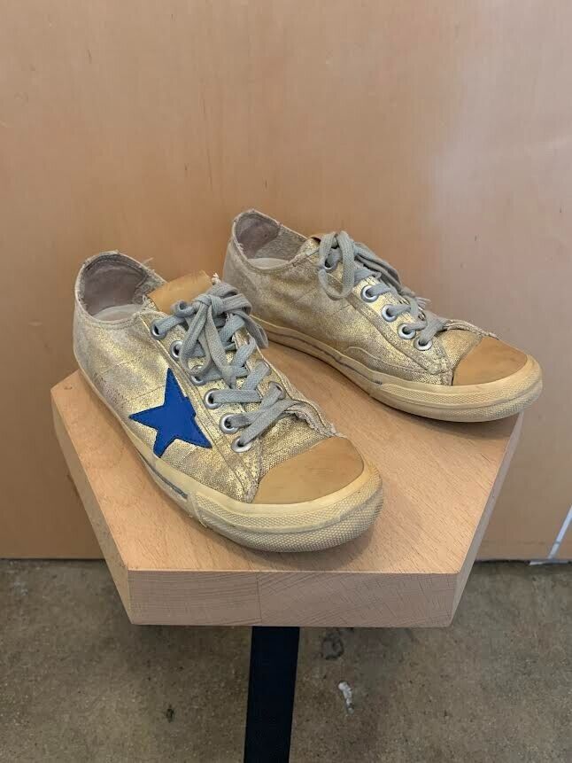 GOLDEN GOOSE V Star2 Gold Blue Metallic Leather Star Canvas Low Top Sneaker 37.5