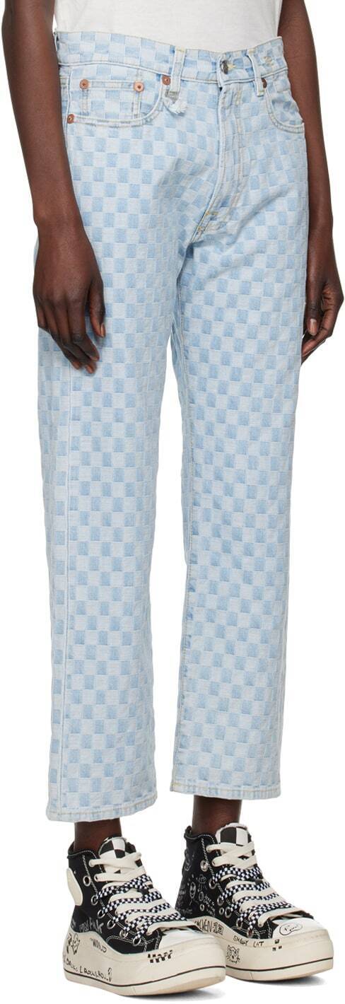 R13 Checkerboard Boyfriend Check Print Light Blue Wash Straight Relaxed Jean 25