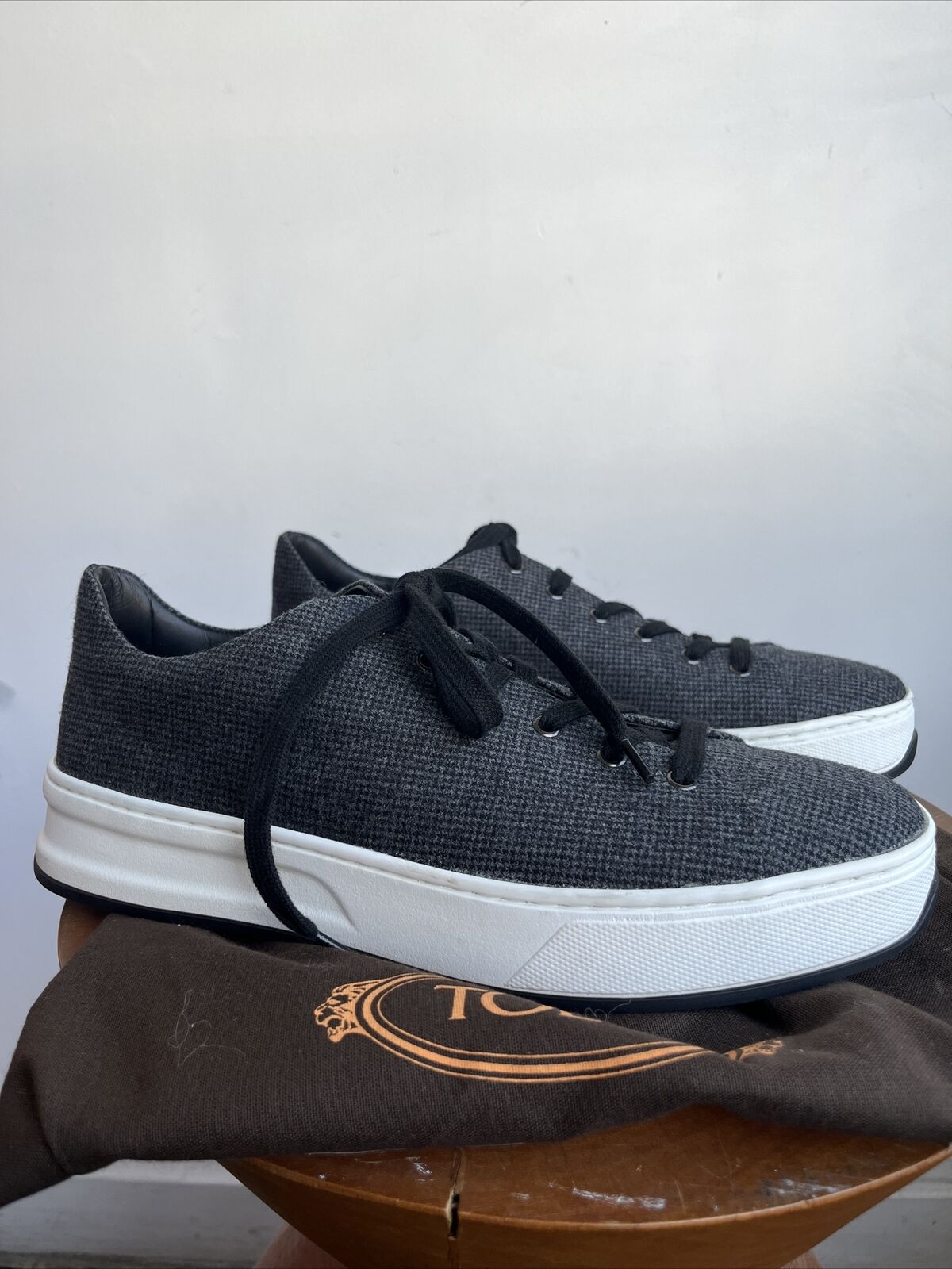 TODS TOD'S NEW Men Dark Gray Herringbone Houndstooth Felt Flannel Wool Sneaker 8