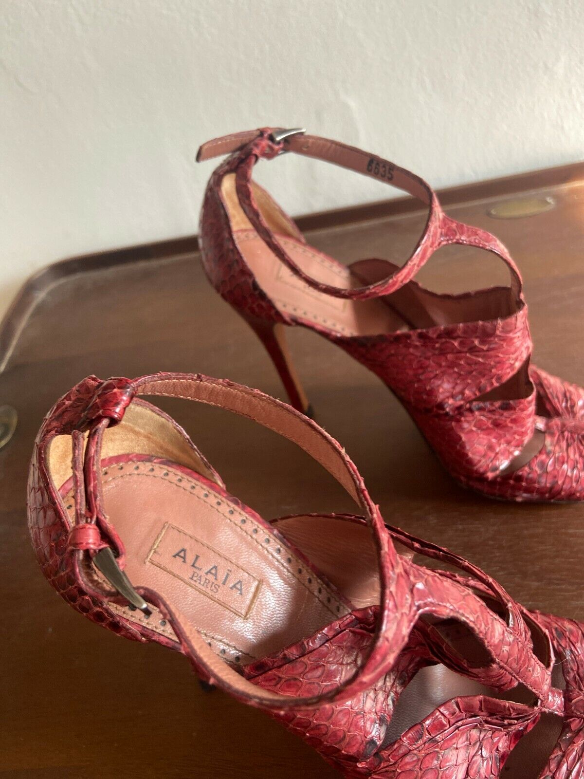 ALAIA Cerise Red Snakeskin Animal Print TStrap Strappy Sandal Heel 6.5/7/37