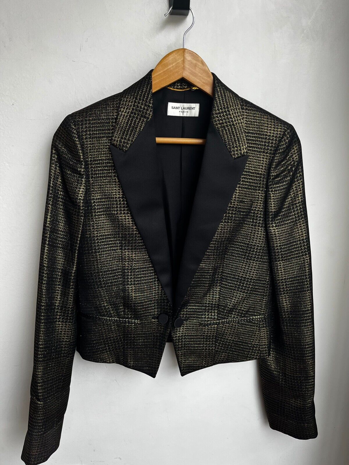 SAINT LAURENT YSL Black Gold Plaid Satin Peaked Lapel Cropped Blazer Jacket 34