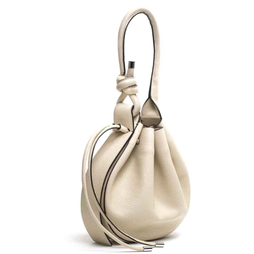 BEHNO Ina Medium Pebble Beige Ivory Bone Leather Crossbody Bucket Bag Purse