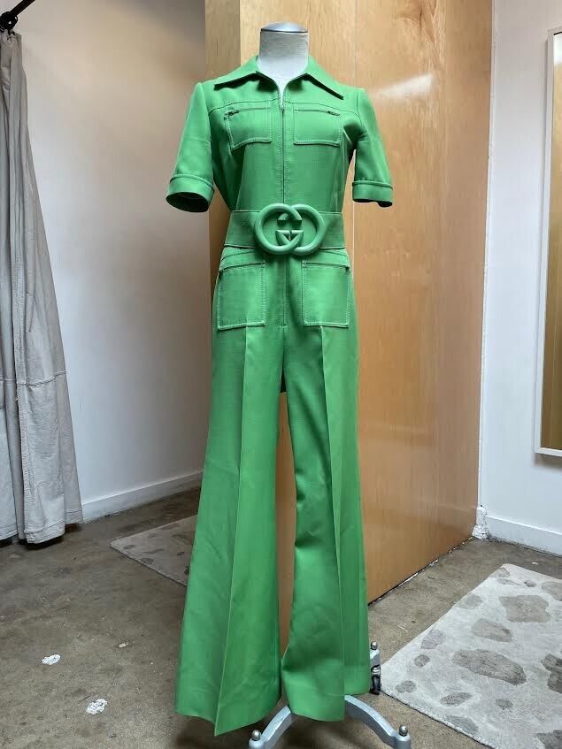 GUCCI Spring 18 Runway Cady Green Silk Wool Short Sleeve Belted Jumpsuit 38/2/0