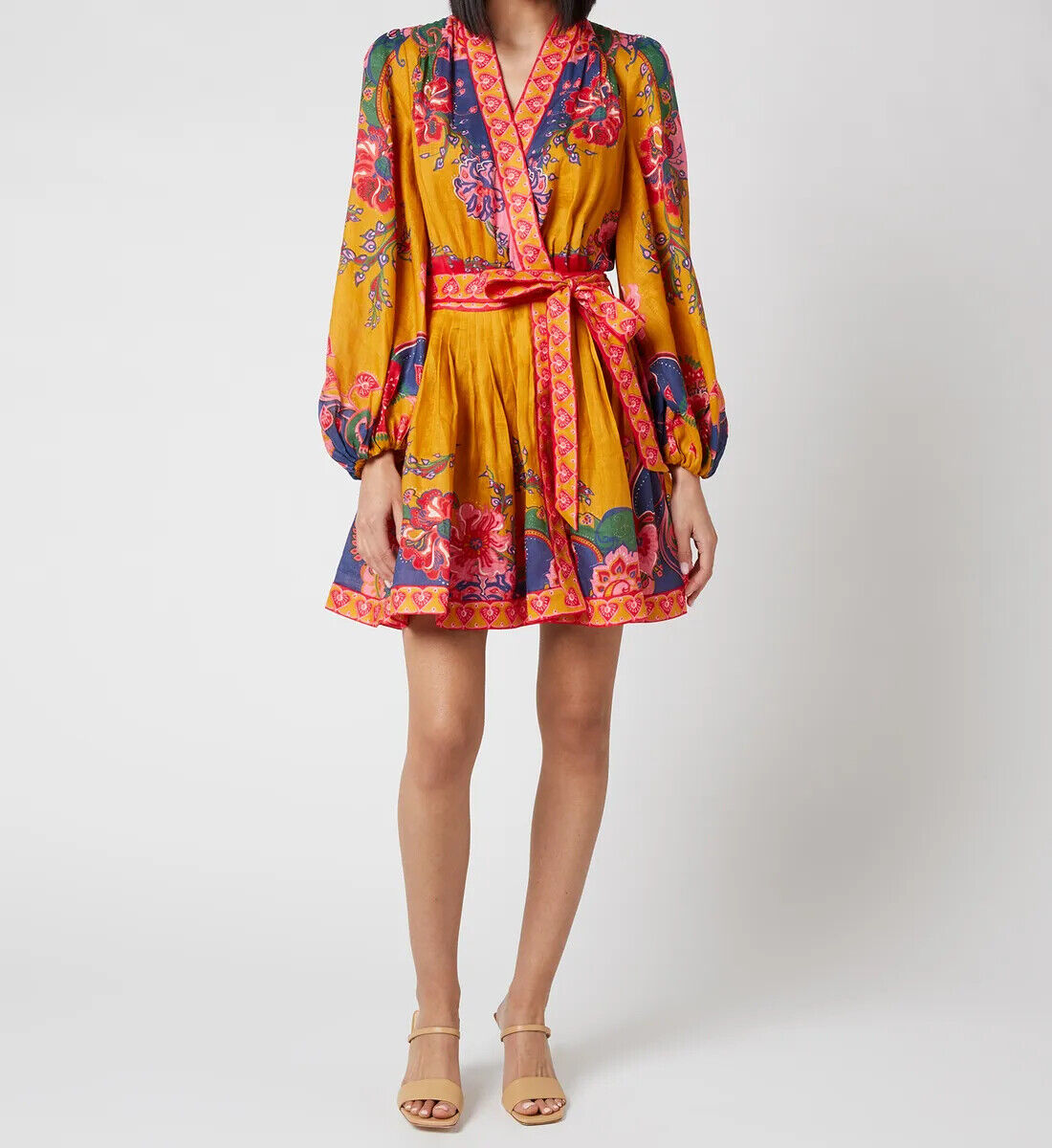 ZIMMERMANN Lovestruck Gold Paisley Linen Floral Long Sleeve Mini Wrap Dress 3/L