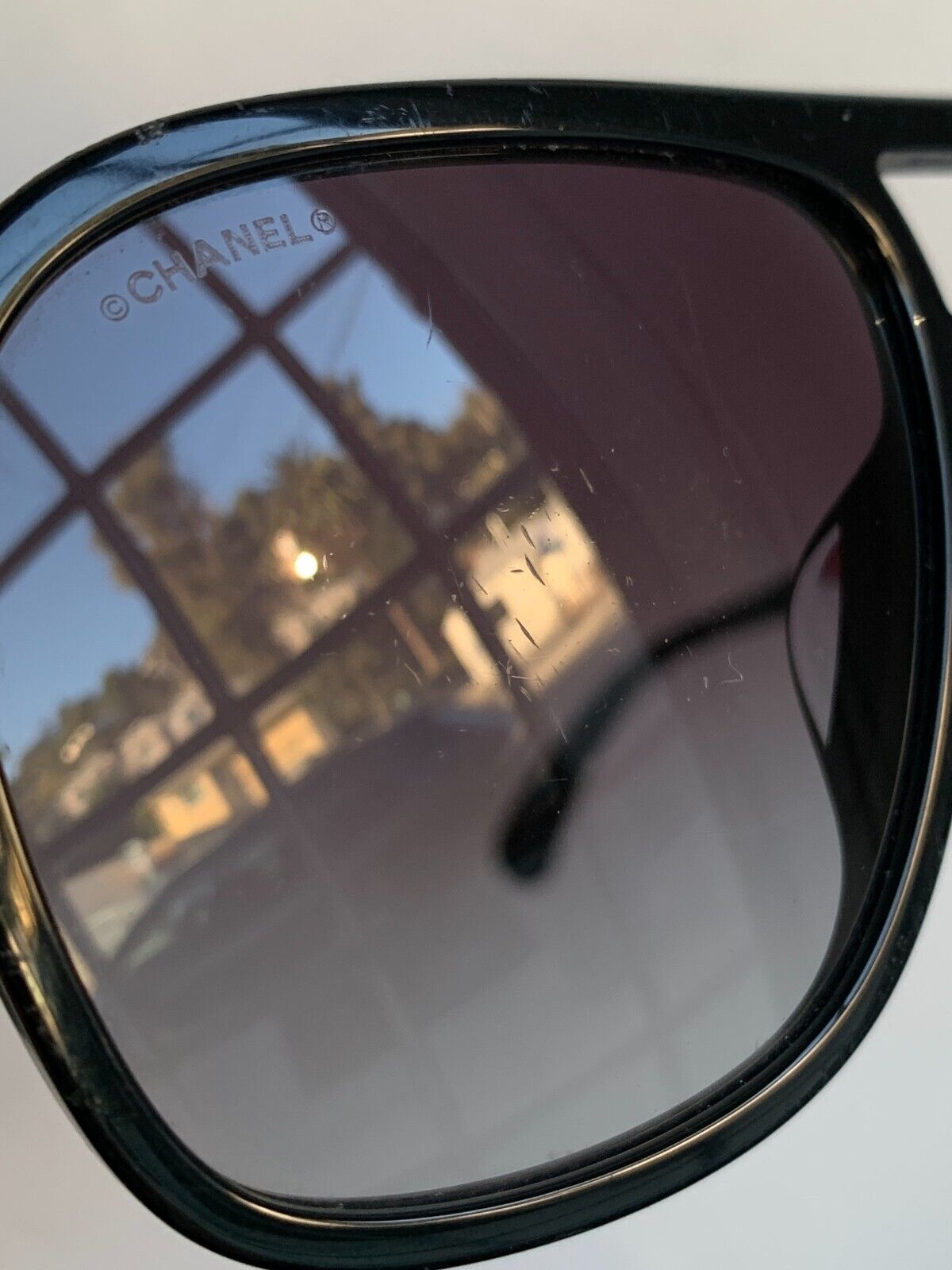 CHANEL Black Gold Acetate Calfskin Framed Pilot Aviator Glasses Sunglasses